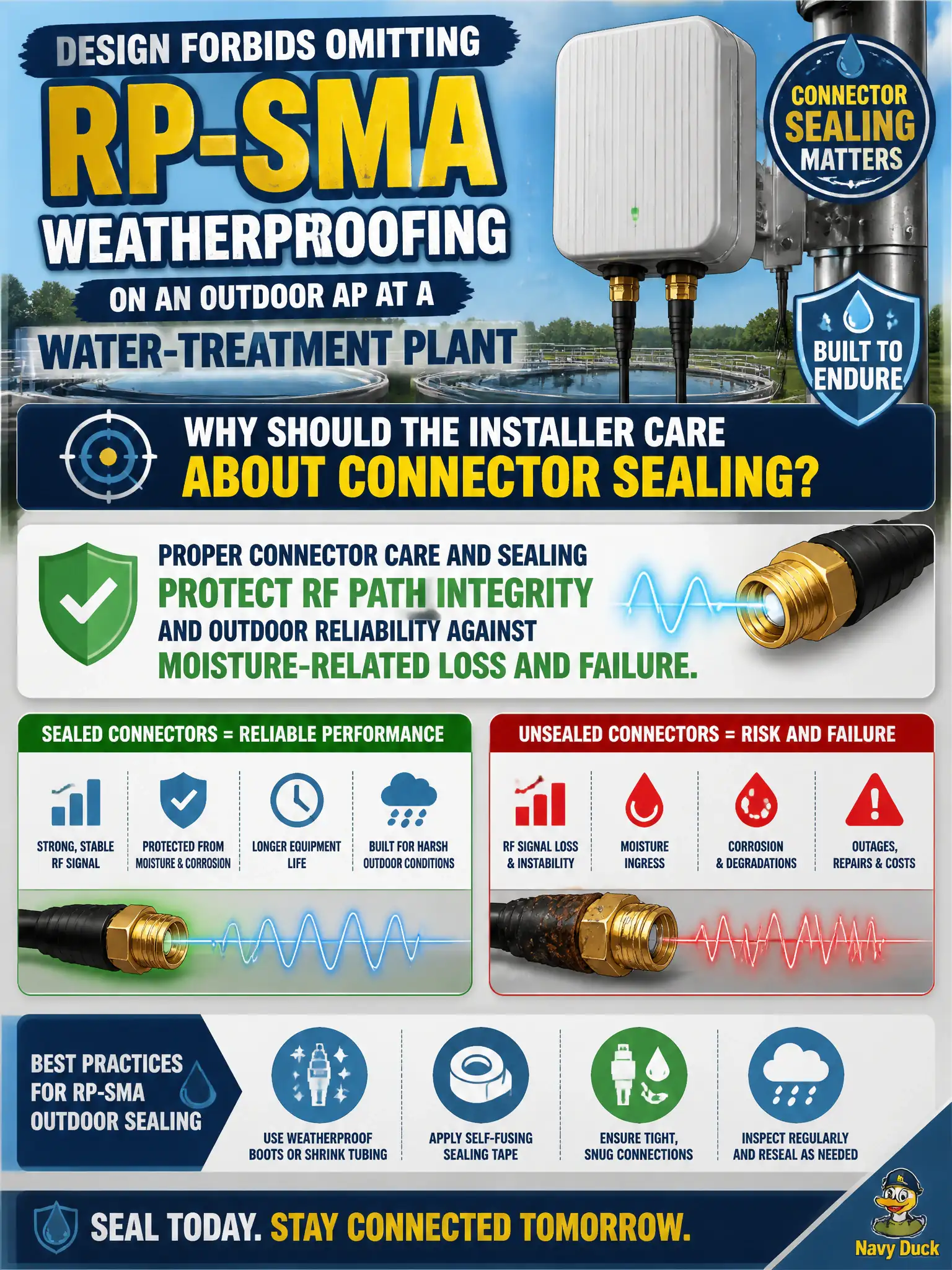 To Create an exciting colorful infographic that explains the concepts in the question: Question: Design forbids omitting RP-SMA weatherproofing on an outdoor AP at a water-treatment plant. Why should the installer care about connector sealing? Correct Answer: Proper connector care and sealing protect RF path integrity and outdoor reliability against moisture-related loss and failure. Put EVERY visible label in double quotes. No people. No A/B/C/D letters. In one of the four corners put a little "Navy Duck".