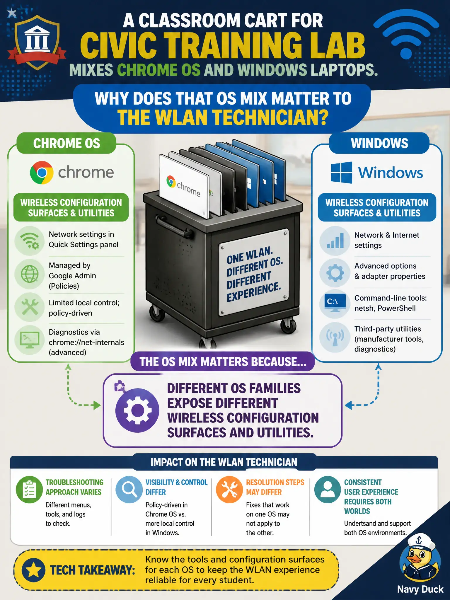 To Create an exciting colorful infographic that explains the concepts in the question: Question: A classroom cart for a civic training lab mixes Chrome OS and Windows laptops. Why does that OS mix matter to the WLAN technician? Correct Answer: Different OS families expose different wireless configuration surfaces and utilities. Put EVERY visible label in double quotes. No people. No A/B/C/D letters. In one of the four corners put a little "Navy Duck".