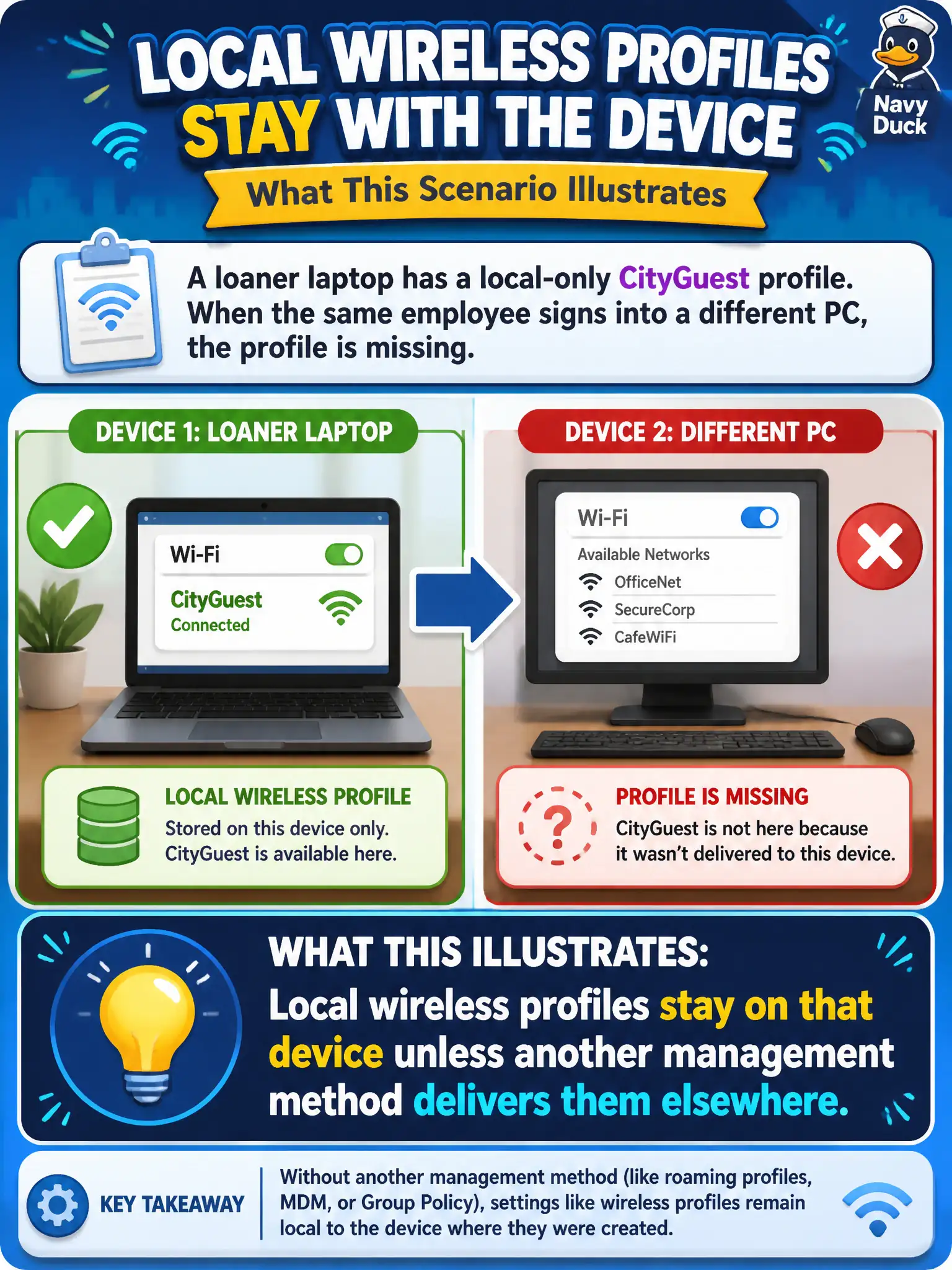To Create an exciting colorful infographic that explains the concepts in the question: Question: A loaner laptop has a local-only CityGuest profile. When the same employee signs into a different PC, the profile is missing. What does that illustrate? Correct Answer: Local wireless profiles stay on that device unless another management method delivers them elsewhere. Put EVERY visible label in double quotes. No people. No A/B/C/D letters. In one of the four corners put a little "Navy Duck".