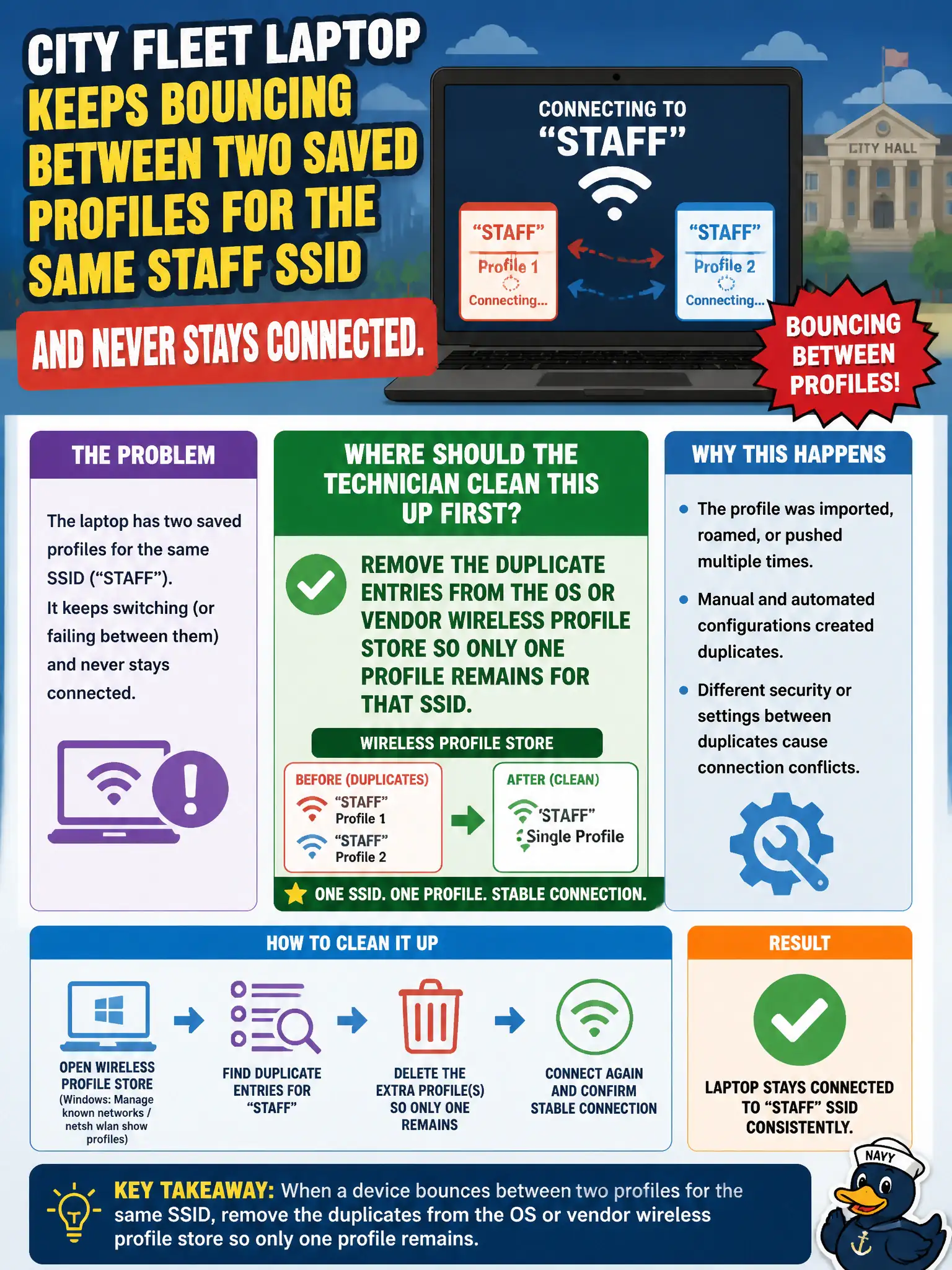 To Create an exciting colorful infographic that explains the concepts in the question: Question: A city fleet laptop keeps bouncing between two saved profiles for the same staff SSID and never stays connected. Where should the municipal technician clean this up first? Correct Answer: Remove the duplicate entries from the OS or vendor wireless profile store so only one profile remains for that SSID Put EVERY visible label in double quotes. No people. No A/B/C/D letters. In one of the four corners put a little "Navy Duck".