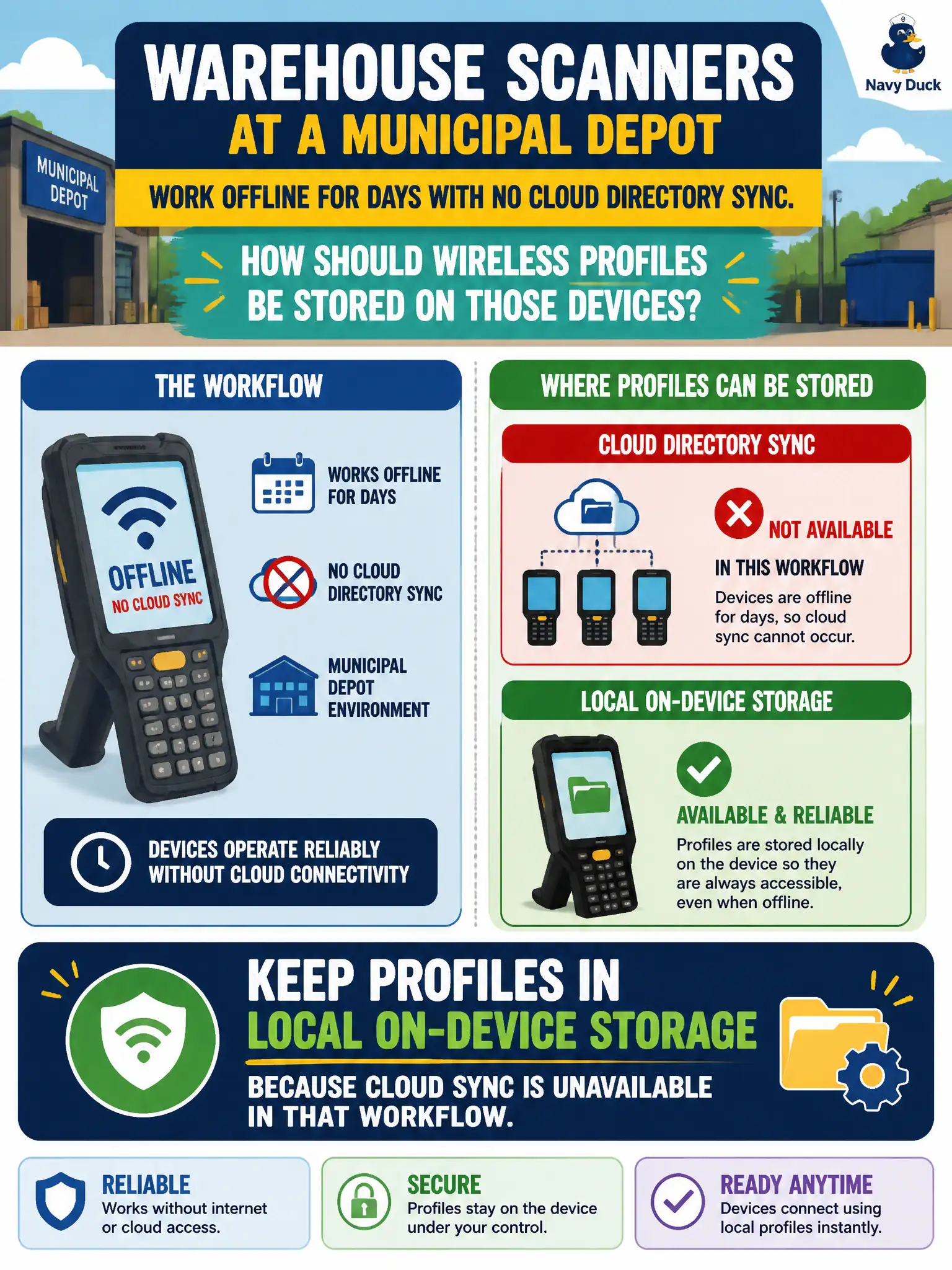 To Create an exciting colorful infographic that explains the concepts in the question: Question: Warehouse scanners at a municipal depot work offline for days with no cloud directory sync. How should wireless profiles be stored on those devices? Correct Answer: Keep profiles in local on-device storage because cloud sync is unavailable in that workflow Put EVERY visible label in double quotes. No people. No A/B/C/D letters. In one of the four corners put a little "Navy Duck".
