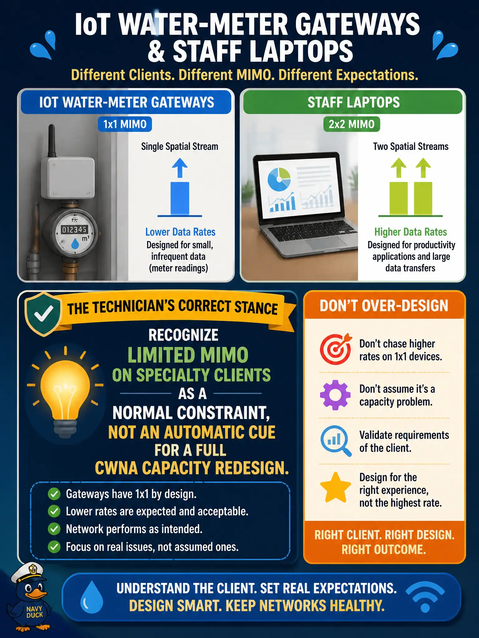 To Create an exciting colorful infographic that explains the concepts in the question: Question: IoT water-meter gateways in a utility closet are 1x1 MIMO while staff laptops are 2x2. Design expects lower rates on the gateways. What is the technician's correct stance? Correct Answer: Recognize limited MIMO on specialty clients as a normal constraint, not an automatic cue for a full CWNA capacity redesign. Put EVERY visible label in double quotes. No people. No A/B/C/D letters. In one of the four corners put a little "Navy Duck".