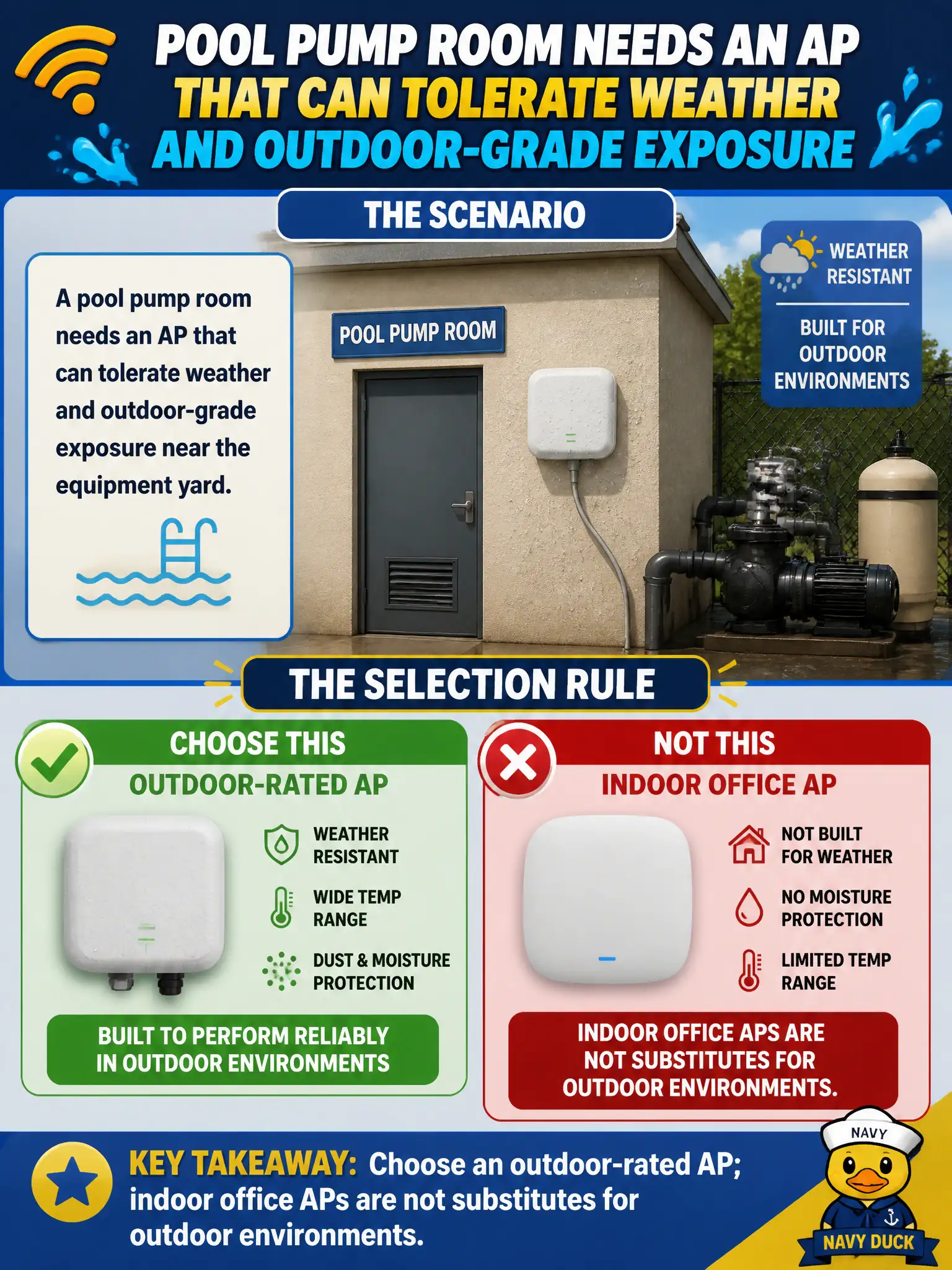 To Create an exciting colorful infographic that explains the concepts in the question: Question: A pool pump room needs an AP that can tolerate weather and outdoor-grade exposure near the equipment yard. What selection rule applies? Correct Answer: Choose an outdoor-rated AP; indoor office APs are not substitutes for outdoor environments. Put EVERY visible label in double quotes. No people. No A/B/C/D letters. In one of the four corners put a little "Navy Duck".