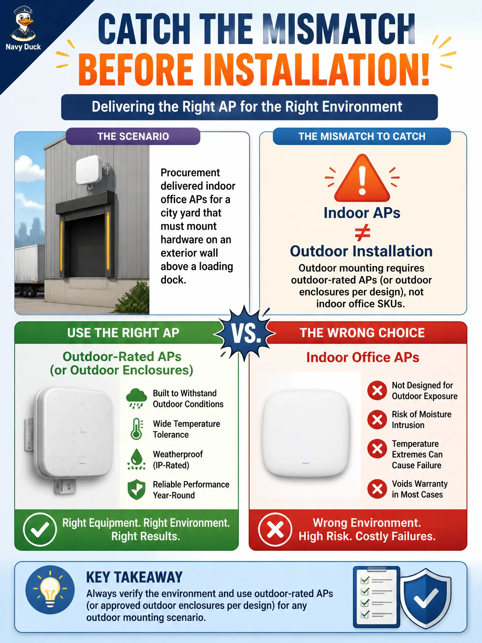 To Create an exciting colorful infographic that explains the concepts in the question: Question: Procurement delivered indoor office APs for a city yard that must mount hardware on an exterior wall above a loading dock. What mismatch should the technician catch before installation? Correct Answer: Outdoor mounting requires outdoor-rated APs (or outdoor enclosures per design), not indoor office SKUs. Put EVERY visible label in double quotes. No people. No A/B/C/D letters. In one of the four corners put a little "Navy Duck".