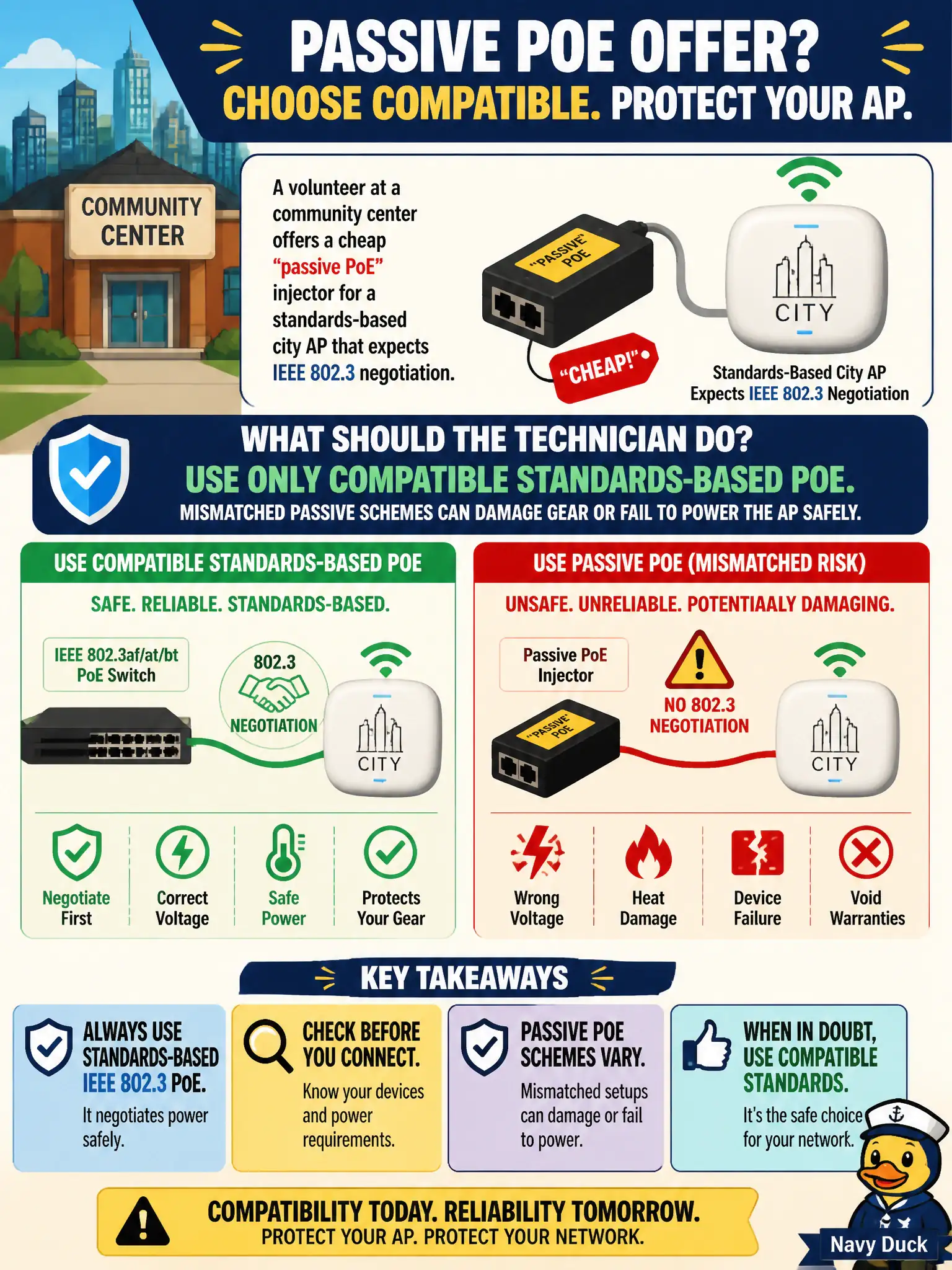 To Create an exciting colorful infographic that explains the concepts in the question: Question: A volunteer at a community center offers a cheap “passive PoE” injector for a standards-based city AP that expects IEEE 802.3 negotiation. What should the technician do? Correct Answer: Use only compatible standards-based PoE; mismatched passive schemes can damage gear or fail to power the AP safely. Put EVERY visible label in double quotes. No people. No A/B/C/D letters. In one of the four corners put a little "Navy Duck".