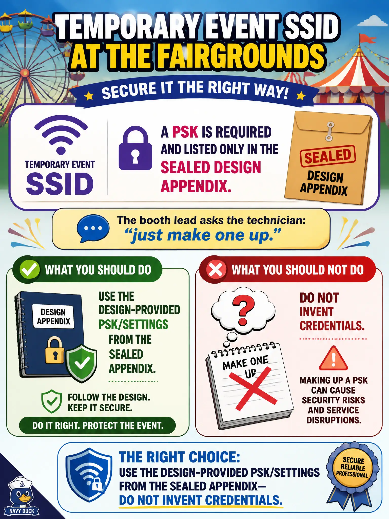 To Create an exciting colorful infographic that explains the concepts in the question: Question: A temporary event SSID at the fairgrounds needs a PSK listed only in the sealed design appendix. The booth lead asks the technician to “just make one up.” What should the technician do? Correct Answer: Use the design-provided PSK/settings from the sealed appendix—do not invent credentials. Put EVERY visible label in double quotes. No people. No A/B/C/D letters. In one of the four corners put a little "Navy Duck".