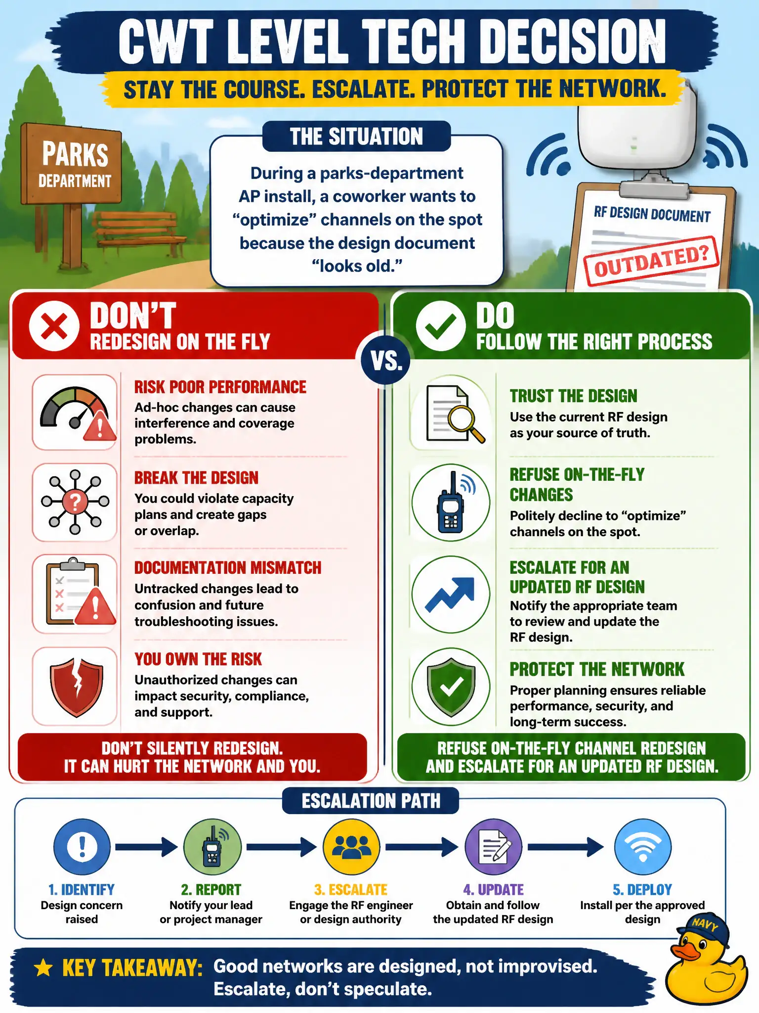 To Create an exciting colorful infographic that explains the concepts in the question: Question: During a parks-department AP install, a coworker wants to 'optimize' channels on the spot because the design document 'looks old.' What should the CWT-level technician do? Correct Answer: Refuse on-the-fly channel redesign and escalate for an updated RF design instead of silently redesigning Put EVERY visible label in double quotes. No people. No A/B/C/D letters. In one of the four corners put a little "Navy Duck".