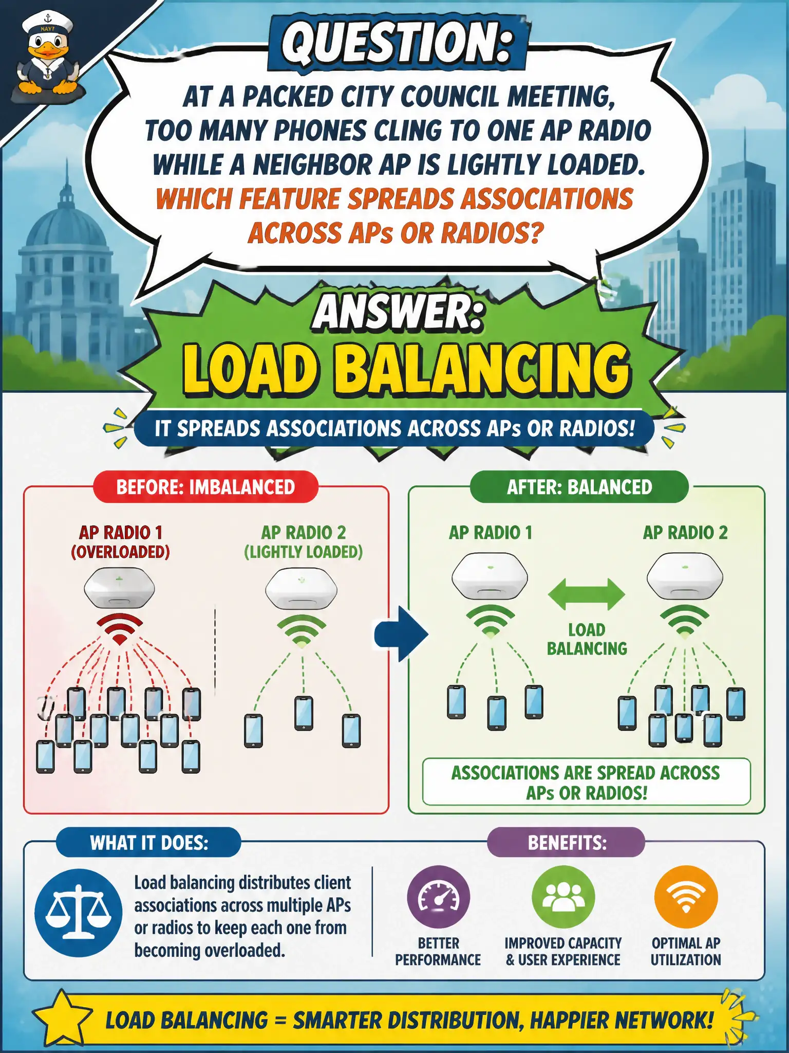 To Create an exciting colorful infographic that explains the concepts in the question: Question: At a packed city council meeting, too many phones cling to one AP radio while a neighbor AP is lightly loaded. Which feature spreads associations across APs or radios? Correct Answer: Load balancing Put EVERY visible label in double quotes. No people. No A/B/C/D letters. In one of the four corners put a little "Navy Duck".