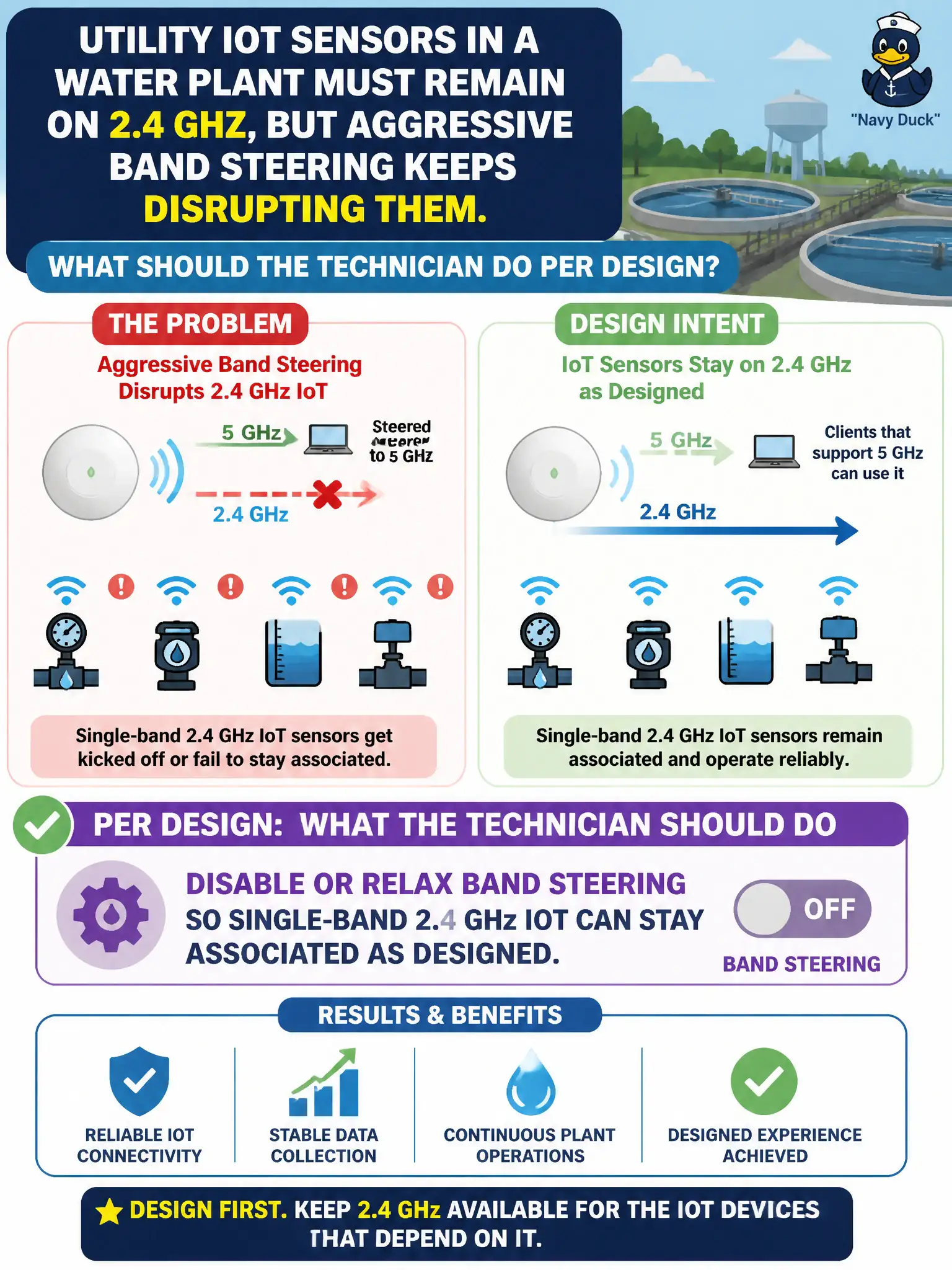 To Create an exciting colorful infographic that explains the concepts in the question: Question: Utility IoT sensors in a water plant must remain on 2.4 GHz, but aggressive band steering keeps disrupting them. What should the technician do per design? Correct Answer: Disable or relax band steering so single-band 2.4 GHz IoT can stay associated as designed Put EVERY visible label in double quotes. No people. No A/B/C/D letters. In one of the four corners put a little "Navy Duck".