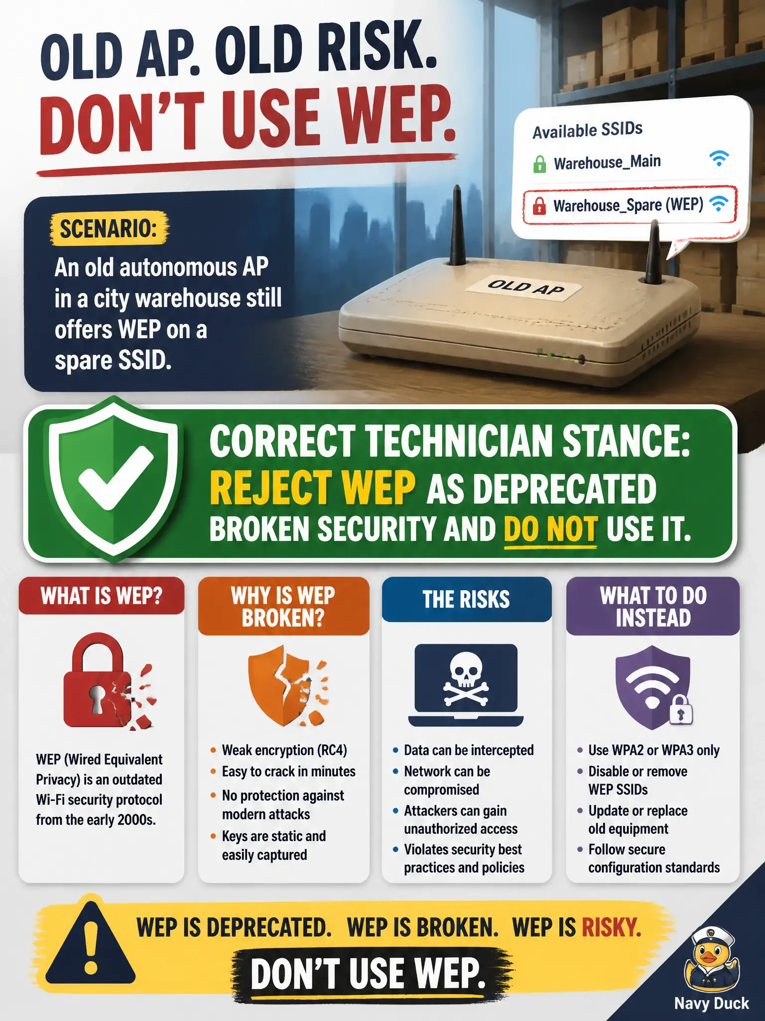 To Create an exciting colorful infographic that explains the concepts in the question: Question: An old autonomous AP in a city warehouse still offers WEP on a spare SSID. What is the correct technician stance? Correct Answer: Reject WEP as deprecated broken security and do not use it Put EVERY visible label in double quotes. No people. No A/B/C/D letters. In one of the four corners put a little "Navy Duck".