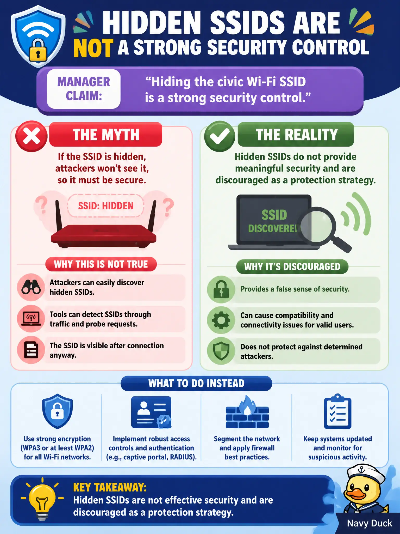To Create an exciting colorful infographic that explains the concepts in the question: Question: A manager claims hiding the civic Wi-Fi SSID is a strong security control. How should the technician respond? Correct Answer: Explain that hidden SSIDs are not effective security and are discouraged as a protection strategy Put EVERY visible label in double quotes. No people. No A/B/C/D letters. In one of the four corners put a little "Navy Duck".