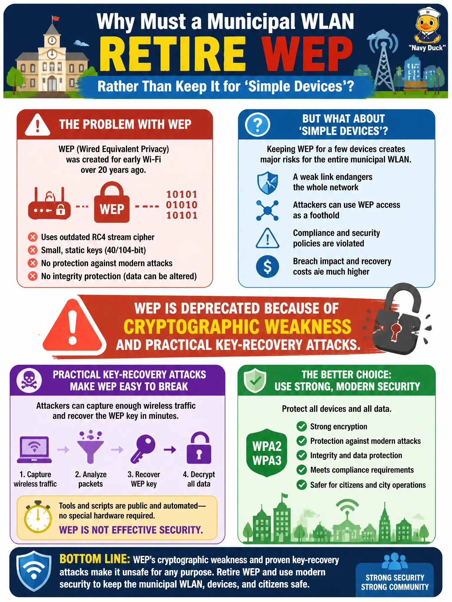 To Create an exciting colorful infographic that explains the concepts in the question: Question: Why must a municipal WLAN retire WEP rather than keep it for 'simple devices'? Correct Answer: WEP is deprecated because of cryptographic weakness and practical key-recovery attacks Put EVERY visible label in double quotes. No people. No A/B/C/D letters. In one of the four corners put a little "Navy Duck".