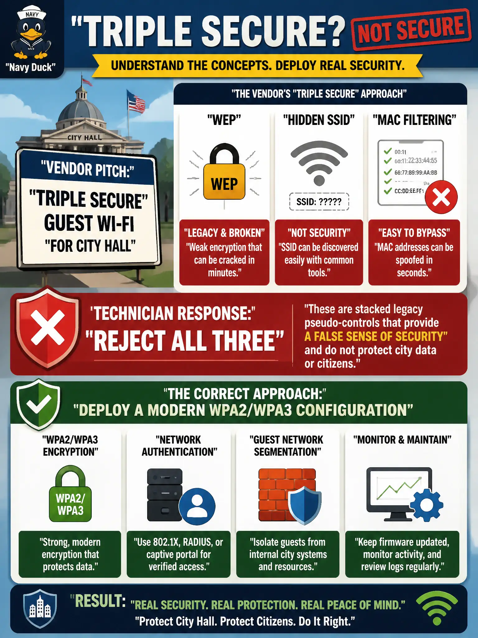 To Create an exciting colorful infographic that explains the concepts in the question: Question: A vendor pitches "triple secure" guest Wi-Fi for city hall using WEP, a hidden SSID, and MAC filtering together. What is the correct technician response? Correct Answer: Reject all three as stacked legacy pseudo-controls and deploy a modern WPA2/WPA3 configuration. Put EVERY visible label in double quotes. No people. No A/B/C/D letters. In one of the four corners put a little "Navy Duck".