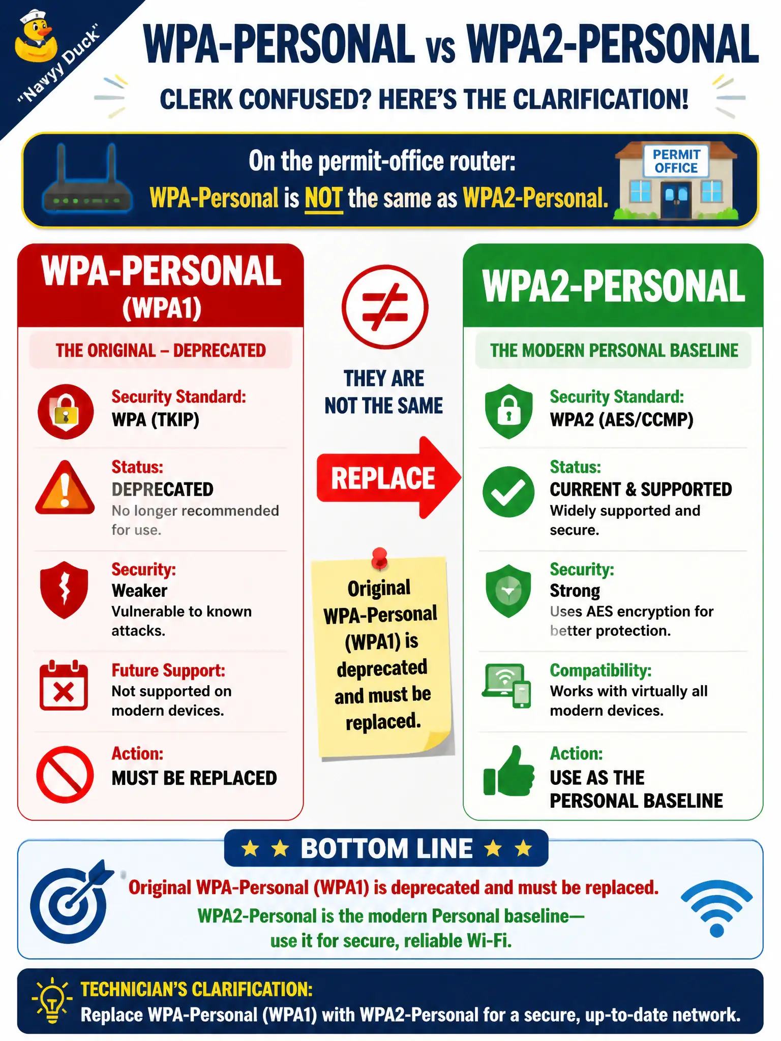 To Create an exciting colorful infographic that explains the concepts in the question: Question: A clerk confuses WPA-Personal with WPA2-Personal on a permit-office router. What clarification should the technician give? Correct Answer: Original WPA-Personal is deprecated WPA1 and must be replaced; WPA2-Personal is the modern Personal baseline. Put EVERY visible label in double quotes. No people. No A/B/C/D letters. In one of the four corners put a little "Navy Duck".