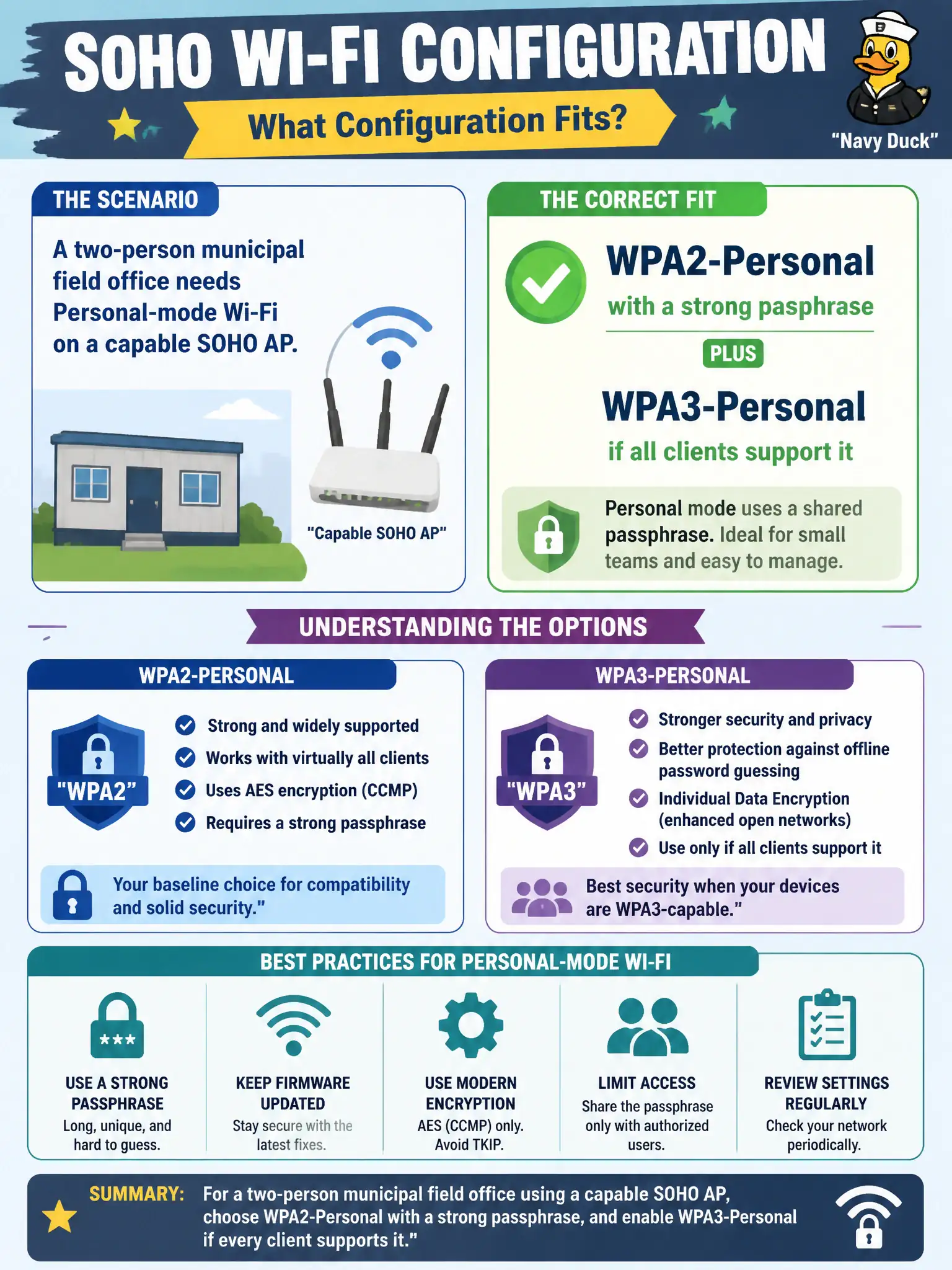 To Create an exciting colorful infographic that explains the concepts in the question: Question: A two-person municipal field office needs Personal-mode Wi-Fi on a capable SOHO AP. Which configuration fits? Correct Answer: WPA2-Personal with a strong passphrase (and WPA3-Personal if all clients support it). Put EVERY visible label in double quotes. No people. No A/B/C/D letters. In one of the four corners put a little "Navy Duck".