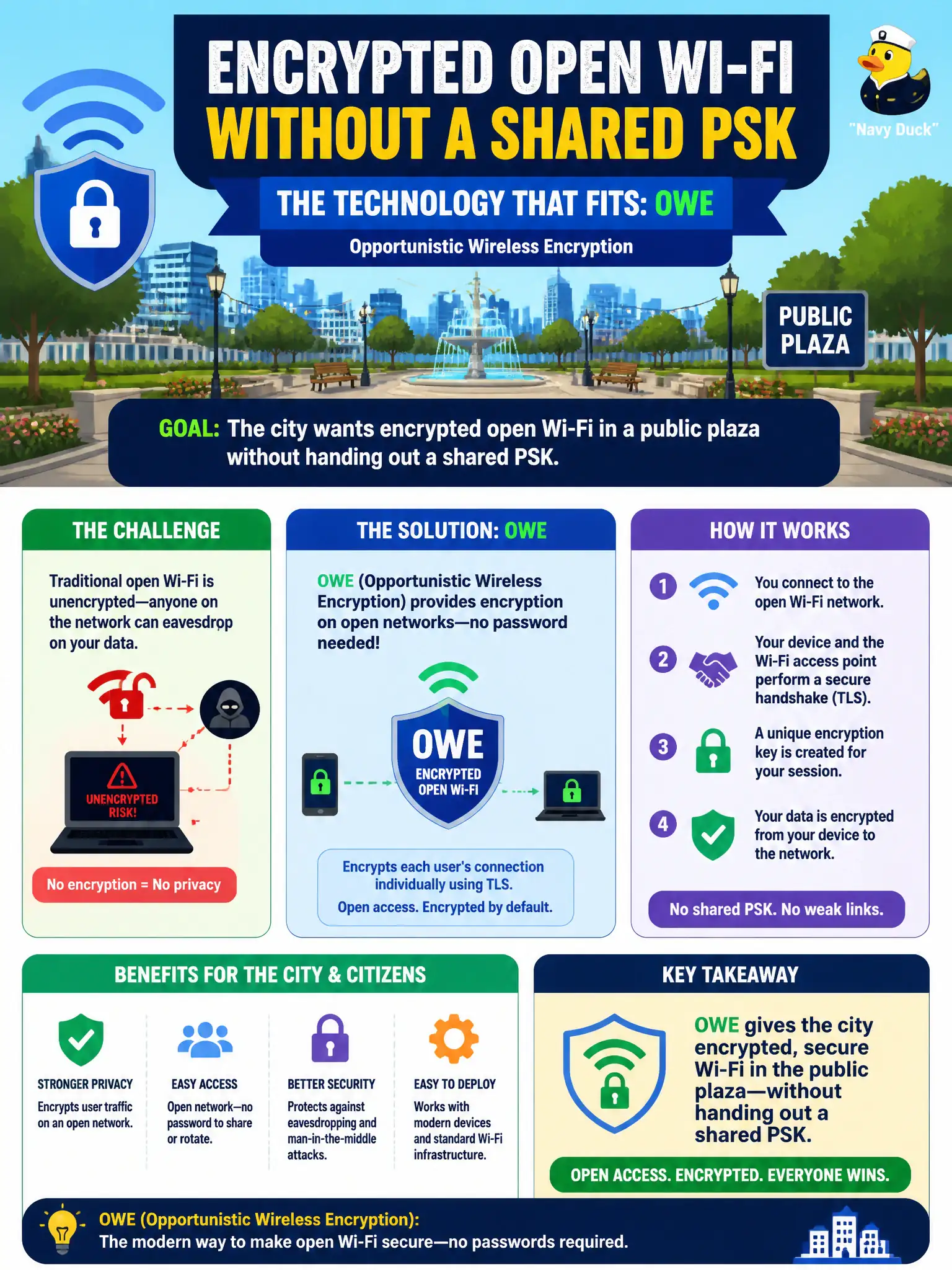 To Create an exciting colorful infographic that explains the concepts in the question: Question: The city wants encrypted open Wi-Fi in a public plaza without handing out a shared PSK. Which technology fits? Correct Answer: OWE (Opportunistic Wireless Encryption) for encrypted open networks without a traditional PSK. Put EVERY visible label in double quotes. No people. No A/B/C/D letters. In one of the four corners put a little "Navy Duck".