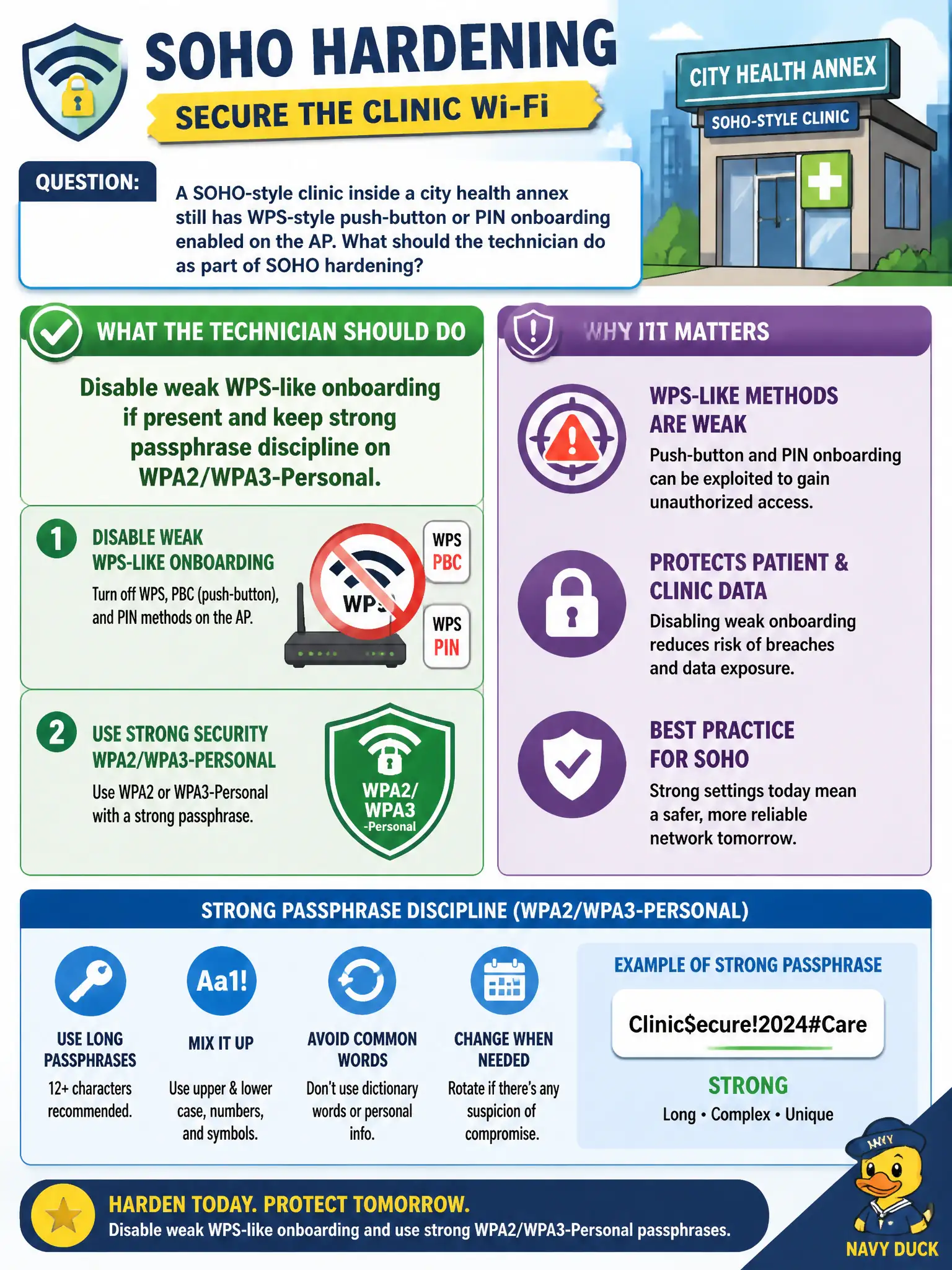 To Create an exciting colorful infographic that explains the concepts in the question: Question: A SOHO-style clinic inside a city health annex still has WPS-style push-button or PIN onboarding enabled on the AP. What should the technician do as part of SOHO hardening? Correct Answer: Disable weak WPS-like onboarding if present and keep strong passphrase discipline on WPA2/WPA3-Personal. Put EVERY visible label in double quotes. No people. No A/B/C/D letters. In one of the four corners put a little "Navy Duck".
