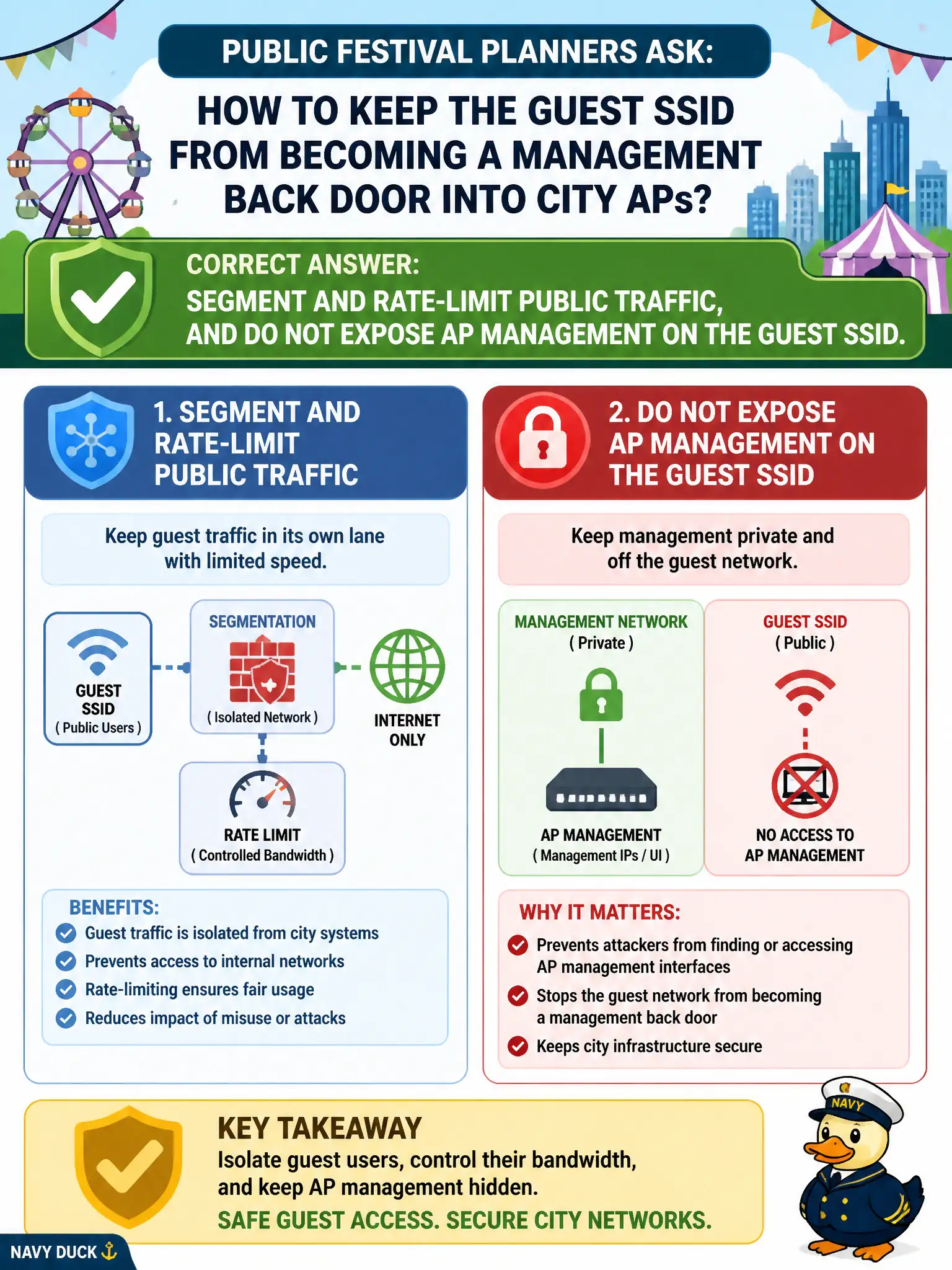 To Create an exciting colorful infographic that explains the concepts in the question: Question: Public festival planners ask how to keep the guest SSID from becoming a management back door into city APs. Which public-use practice should the technician apply? Correct Answer: Segment and rate-limit public traffic, and do not expose AP management on the guest SSID. Put EVERY visible label in double quotes. No people. No A/B/C/D letters. In one of the four corners put a little "Navy Duck".