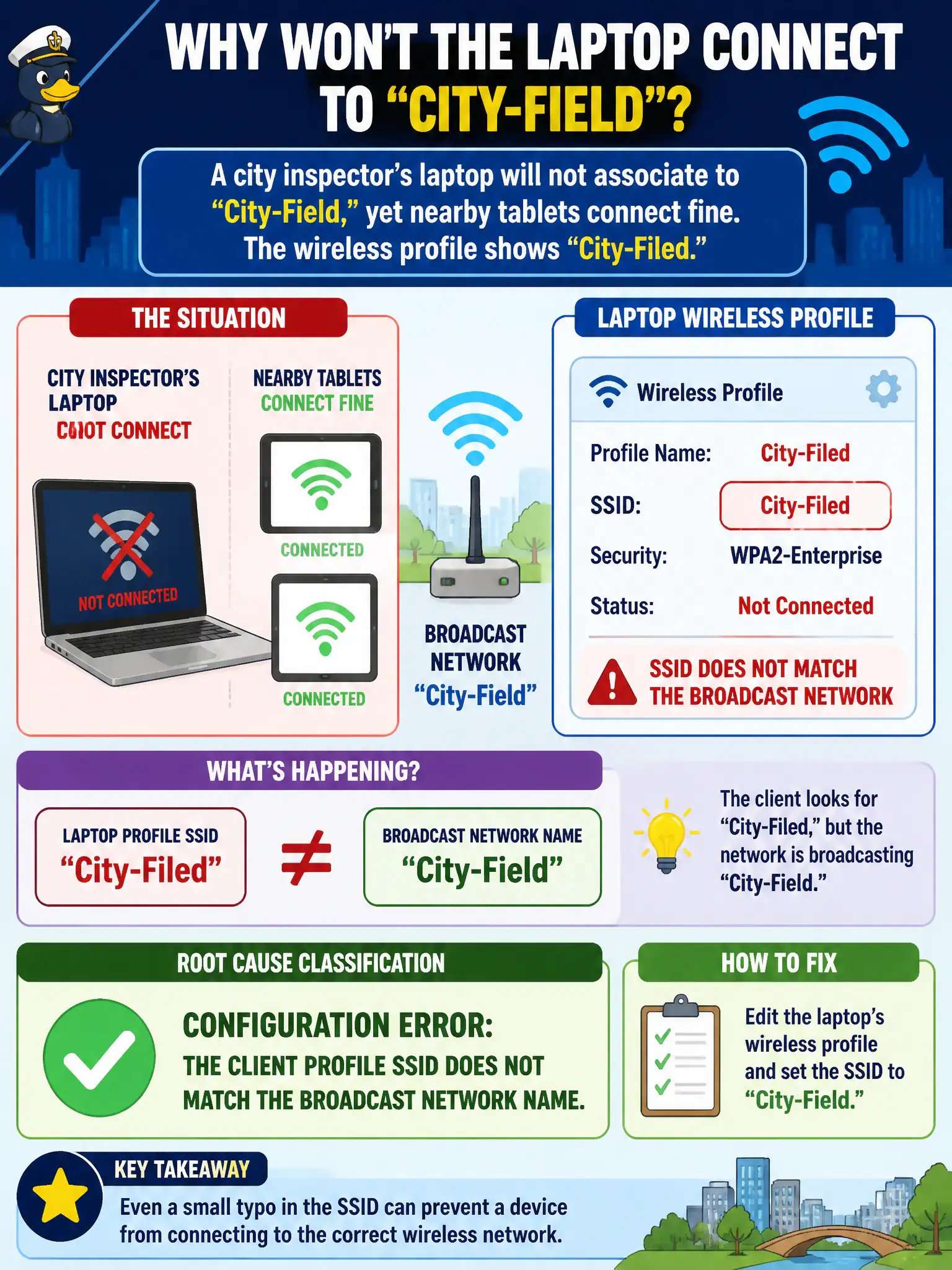To Create an exciting colorful infographic that explains the concepts in the question: Question: A city inspector’s laptop will not associate to “City-Field,” yet nearby tablets connect fine. The wireless profile shows “City-Filed.” How should the technician classify the root cause? Correct Answer: Configuration error: the client profile SSID does not match the broadcast network name. Put EVERY visible label in double quotes. No people. No A/B/C/D letters. In one of the four corners put a little "Navy Duck".