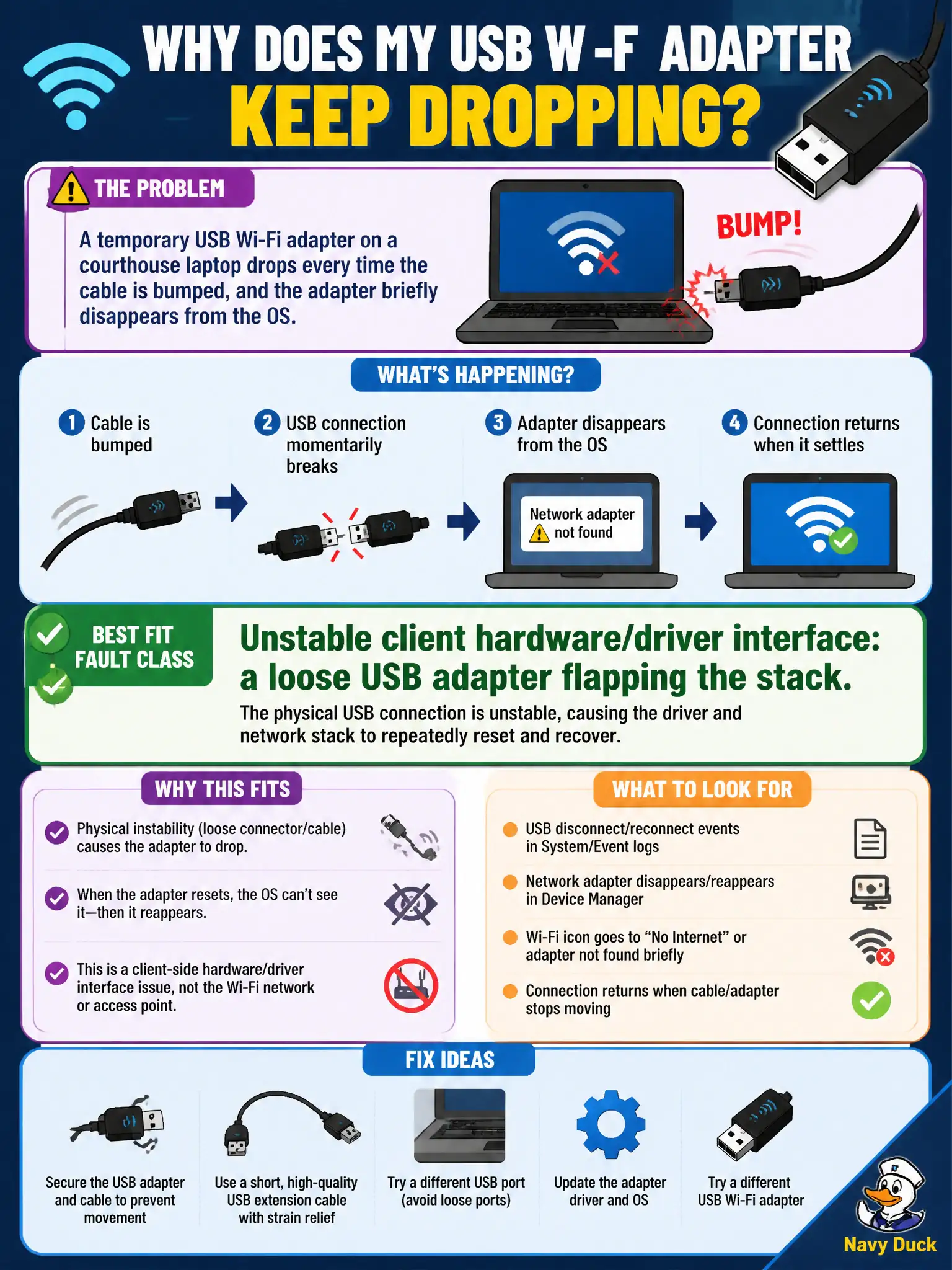 To Create an exciting colorful infographic that explains the concepts in the question: Question: A temporary USB Wi-Fi adapter on a courthouse laptop drops every time the cable is bumped, and the adapter briefly disappears from the OS. Which fault class fits best? Correct Answer: Unstable client hardware/driver interface: a loose USB adapter flapping the stack. Put EVERY visible label in double quotes. No people. No A/B/C/D letters. In one of the four corners put a little "Navy Duck".