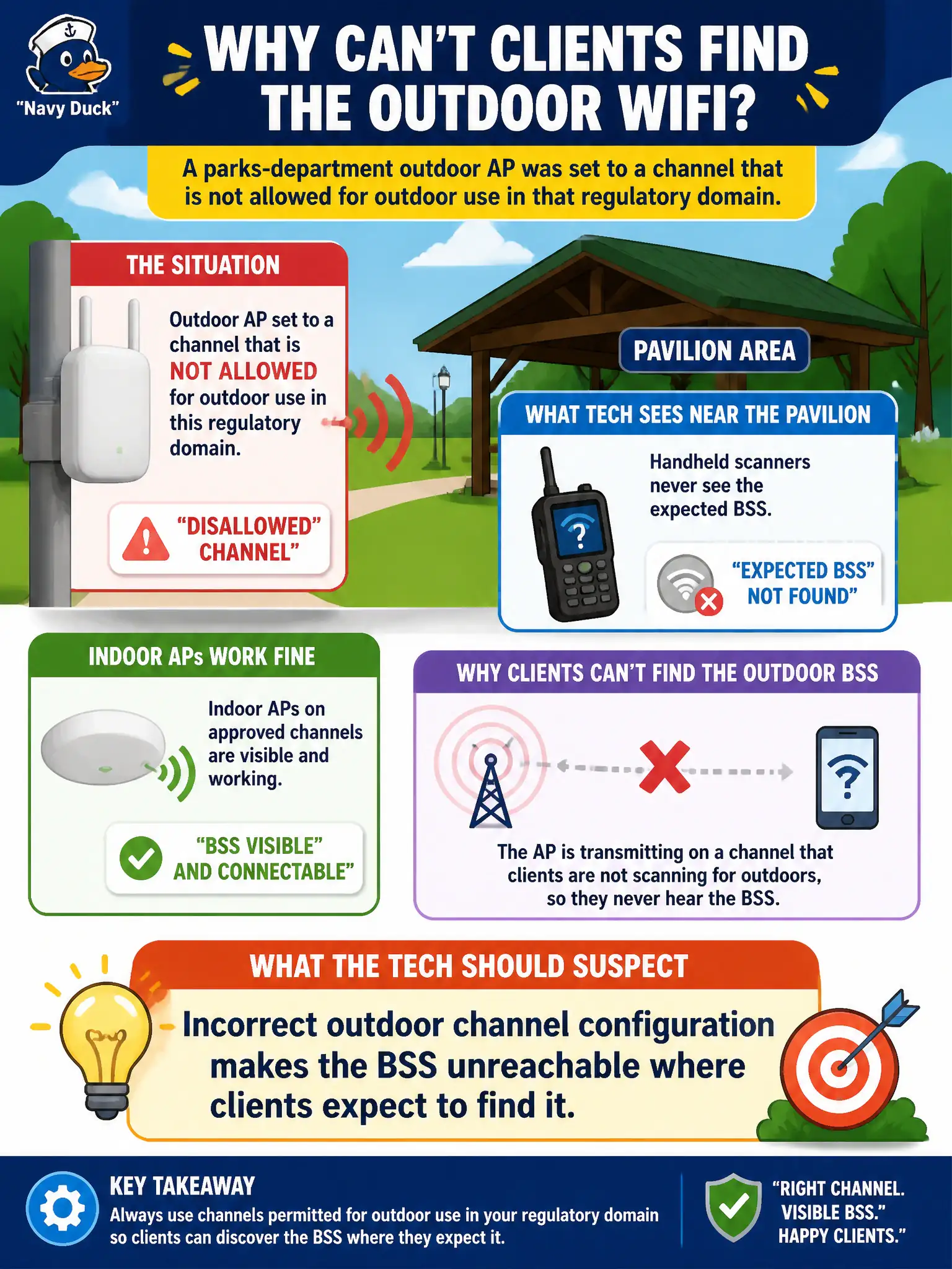 To Create an exciting colorful infographic that explains the concepts in the question: Question: A parks-department outdoor AP was set to a channel that is not allowed for outdoor use in that regulatory domain. Handheld scanners near the pavilion never see the expected BSS, though indoor APs on approved channels work. What should the tech suspect? Correct Answer: Incorrect outdoor channel configuration makes the BSS unreachable where clients expect to find it Put EVERY visible label in double quotes. No people. No A/B/C/D letters. In one of the four corners put a little "Navy Duck".