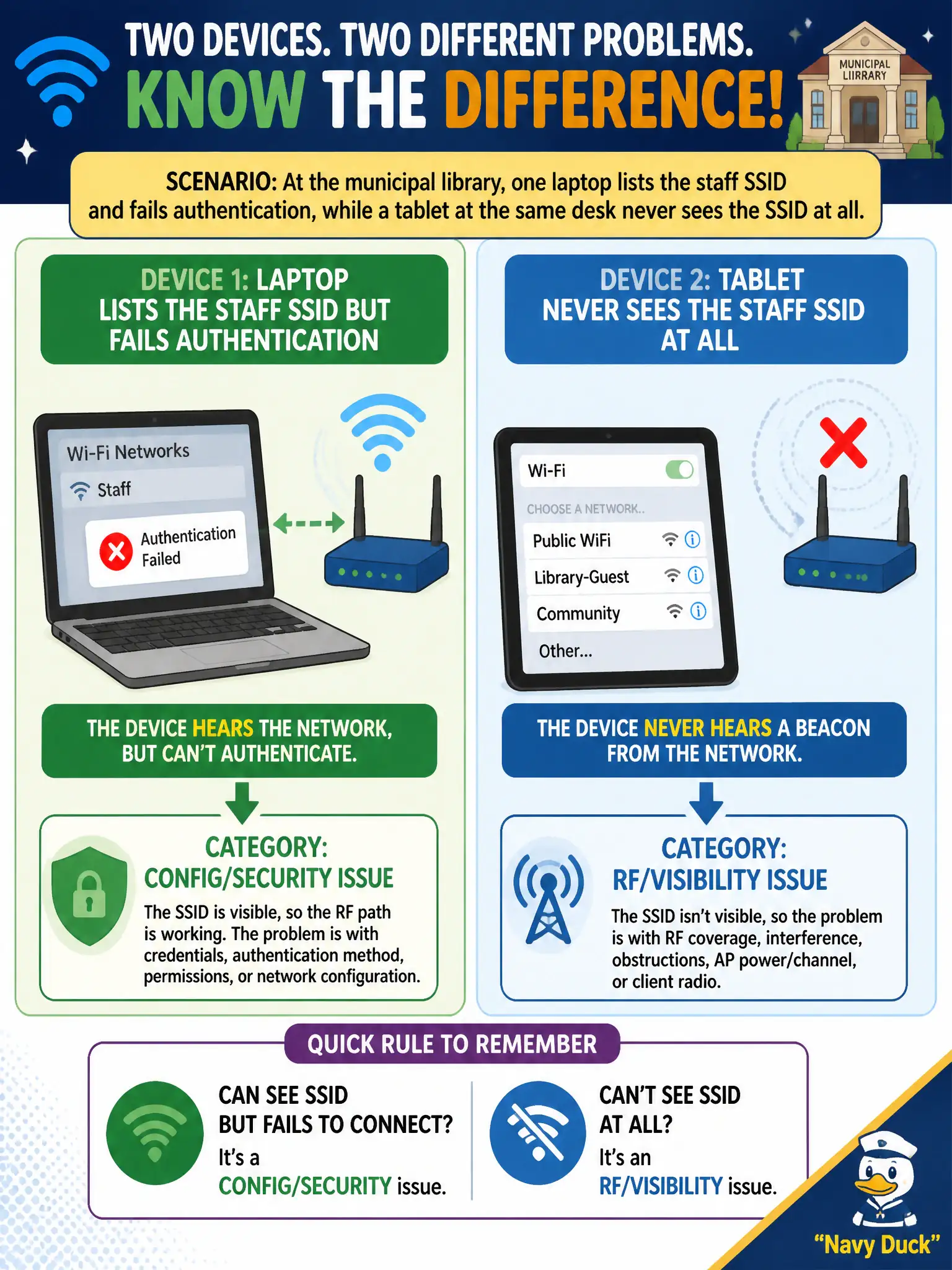 To Create an exciting colorful infographic that explains the concepts in the question: Question: At the municipal library, one laptop lists the staff SSID and fails authentication, while a tablet at the same desk never sees the SSID at all. How should the tech categorize these two problems? Correct Answer: Authentication failure after hearing the network is config/security; never seeing a beacon is an RF/visibility issue Put EVERY visible label in double quotes. No people. No A/B/C/D letters. In one of the four corners put a little "Navy Duck".