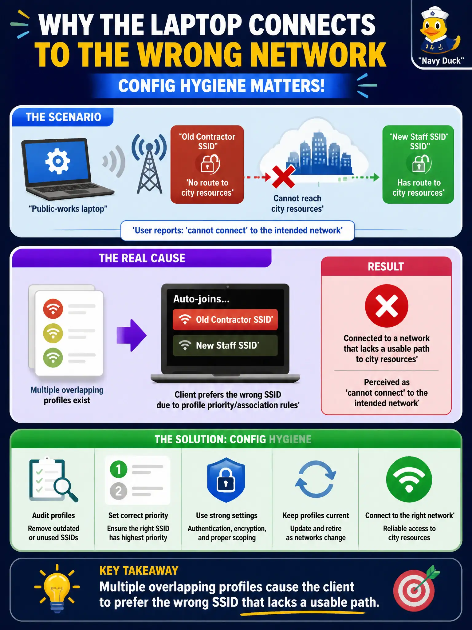 To Create an exciting colorful infographic that explains the concepts in the question: Question: A public-works laptop auto-joins an old contractor SSID that has no route to city resources, even though a newer staff profile also exists. The user reports 'cannot connect' to the intended network. What config hygiene issue is most likely? Correct Answer: Multiple overlapping profiles cause the client to prefer the wrong SSID that lacks a usable path Put EVERY visible label in double quotes. No people. No A/B/C/D letters. In one of the four corners put a little "Navy Duck".