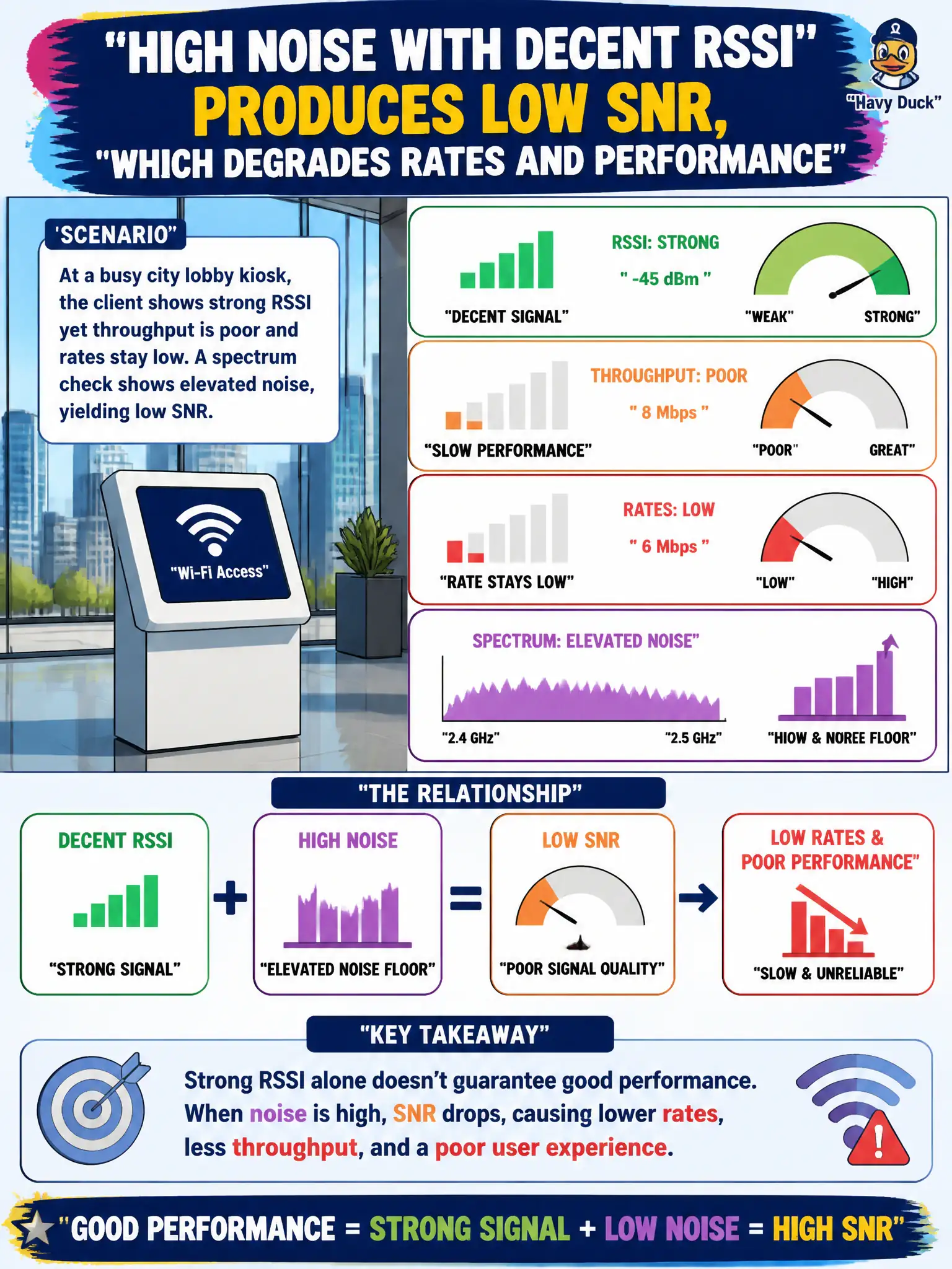To Create an exciting colorful infographic that explains the concepts in the question: Question: At a busy city lobby kiosk, the client shows strong RSSI yet throughput is poor and rates stay low. A spectrum check shows elevated noise, yielding low SNR. What performance issue does this illustrate? Correct Answer: High noise with decent RSSI produces low SNR, which degrades rates and performance Put EVERY visible label in double quotes. No people. No A/B/C/D letters. In one of the four corners put a little "Navy Duck".