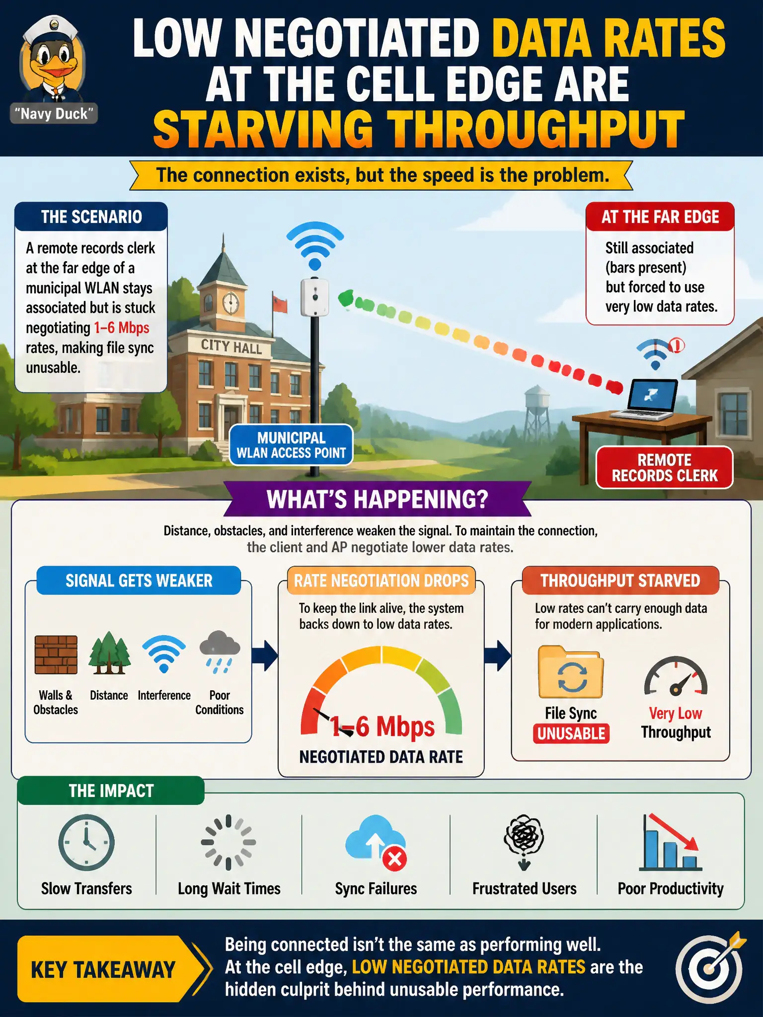 To Create an exciting colorful infographic that explains the concepts in the question: Question: A remote records clerk at the far edge of a municipal WLAN stays associated but is stuck negotiating 1–6 Mbps rates, making file sync unusable. What performance issue is primarily indicated? Correct Answer: Low negotiated data rates at the cell edge are starving throughput Put EVERY visible label in double quotes. No people. No A/B/C/D letters. In one of the four corners put a little "Navy Duck".