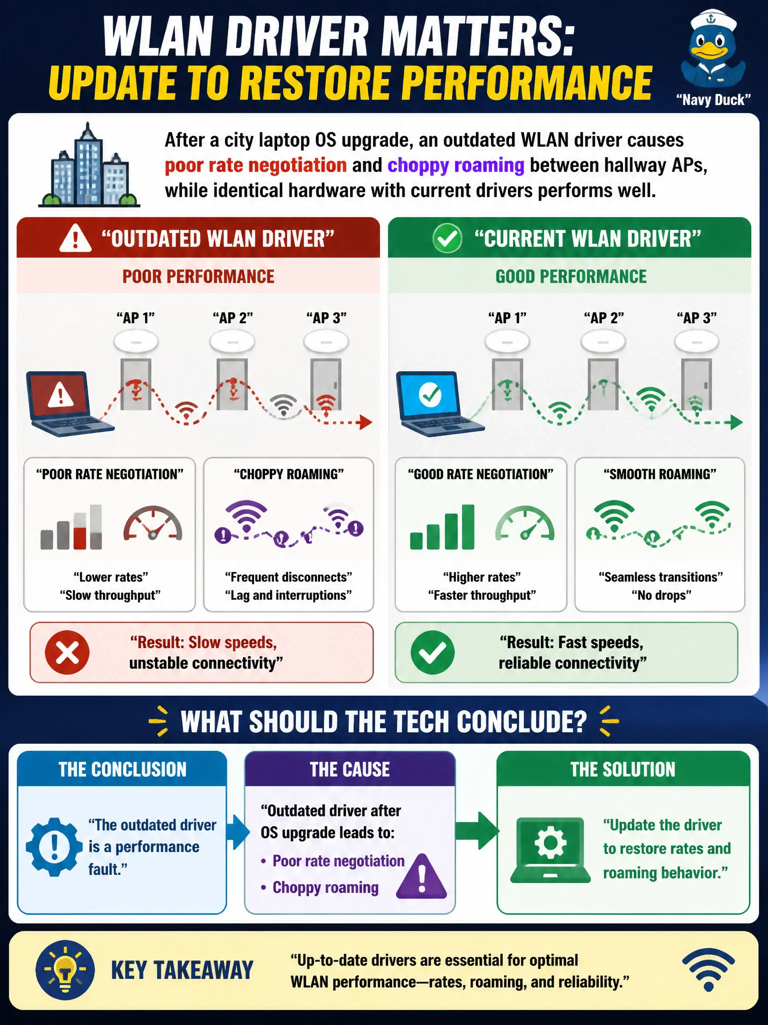 To Create an exciting colorful infographic that explains the concepts in the question: Question: After a city laptop OS upgrade, an outdated WLAN driver causes poor rate negotiation and choppy roaming between hallway APs, while identical hardware with current drivers performs well. What should the tech conclude? Correct Answer: The outdated driver is a performance fault; update it to restore rates and roaming behavior Put EVERY visible label in double quotes. No people. No A/B/C/D letters. In one of the four corners put a little "Navy Duck".