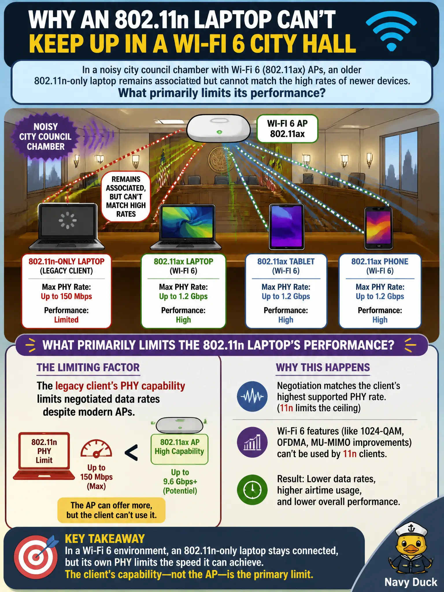To Create an exciting colorful infographic that explains the concepts in the question: Question: In a noisy city council chamber with Wi-Fi 6 (802.11ax) APs, an older 802.11n-only laptop remains associated but cannot match the high rates of newer devices. What primarily limits its performance? Correct Answer: The legacy client's PHY capability limits negotiated data rates despite modern APs Put EVERY visible label in double quotes. No people. No A/B/C/D letters. In one of the four corners put a little "Navy Duck".