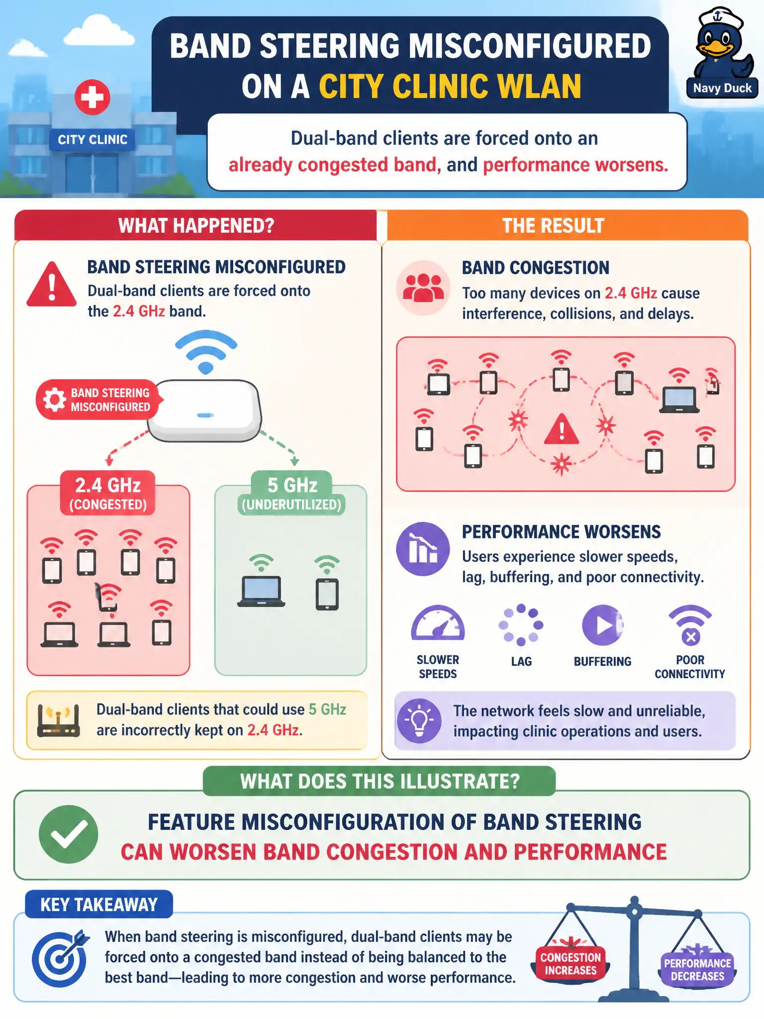 To Create an exciting colorful infographic that explains the concepts in the question: Question: Band steering on a city clinic WLAN was misconfigured so dual-band clients are forced onto an already congested band, and performance worsens. What does this illustrate? Correct Answer: Feature misconfiguration of band steering can worsen band congestion and performance Put EVERY visible label in double quotes. No people. No A/B/C/D letters. In one of the four corners put a little "Navy Duck".