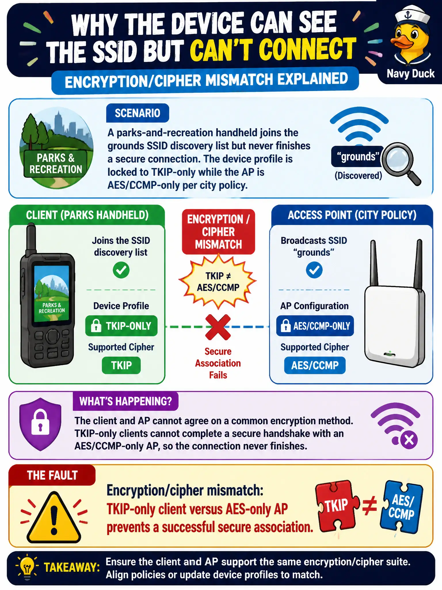 To Create an exciting colorful infographic that explains the concepts in the question: Question: A parks-and-recreation handheld joins the grounds SSID discovery list but never finishes a secure connection. The device profile is locked to TKIP-only while the AP is AES/CCMP-only per city policy. What is the fault? Correct Answer: Encryption/cipher mismatch: TKIP-only client versus AES-only AP prevents a successful secure association. Put EVERY visible label in double quotes. No people. No A/B/C/D letters. In one of the four corners put a little "Navy Duck".