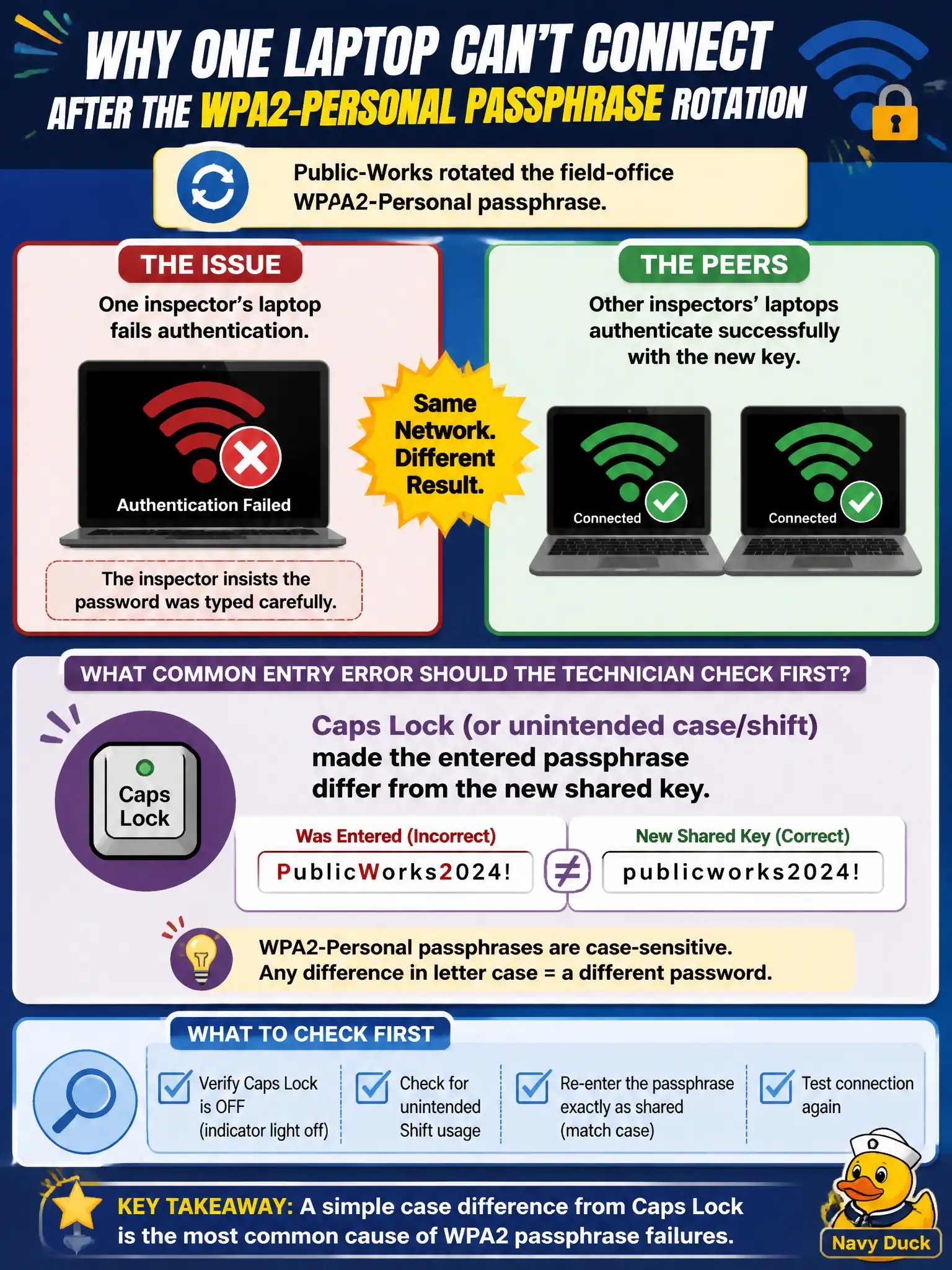 To Create an exciting colorful infographic that explains the concepts in the question: Question: After public-works rotates the field-office WPA2-Personal passphrase, one inspector’s laptop fails authentication while peers succeed with the new key. The inspector insists the password was typed carefully. What common entry error should the technician check first? Correct Answer: Caps Lock (or unintended case/shift) made the entered passphrase differ from the new shared key. Put EVERY visible label in double quotes. No people. No A/B/C/D letters. In one of the four corners put a little "Navy Duck".