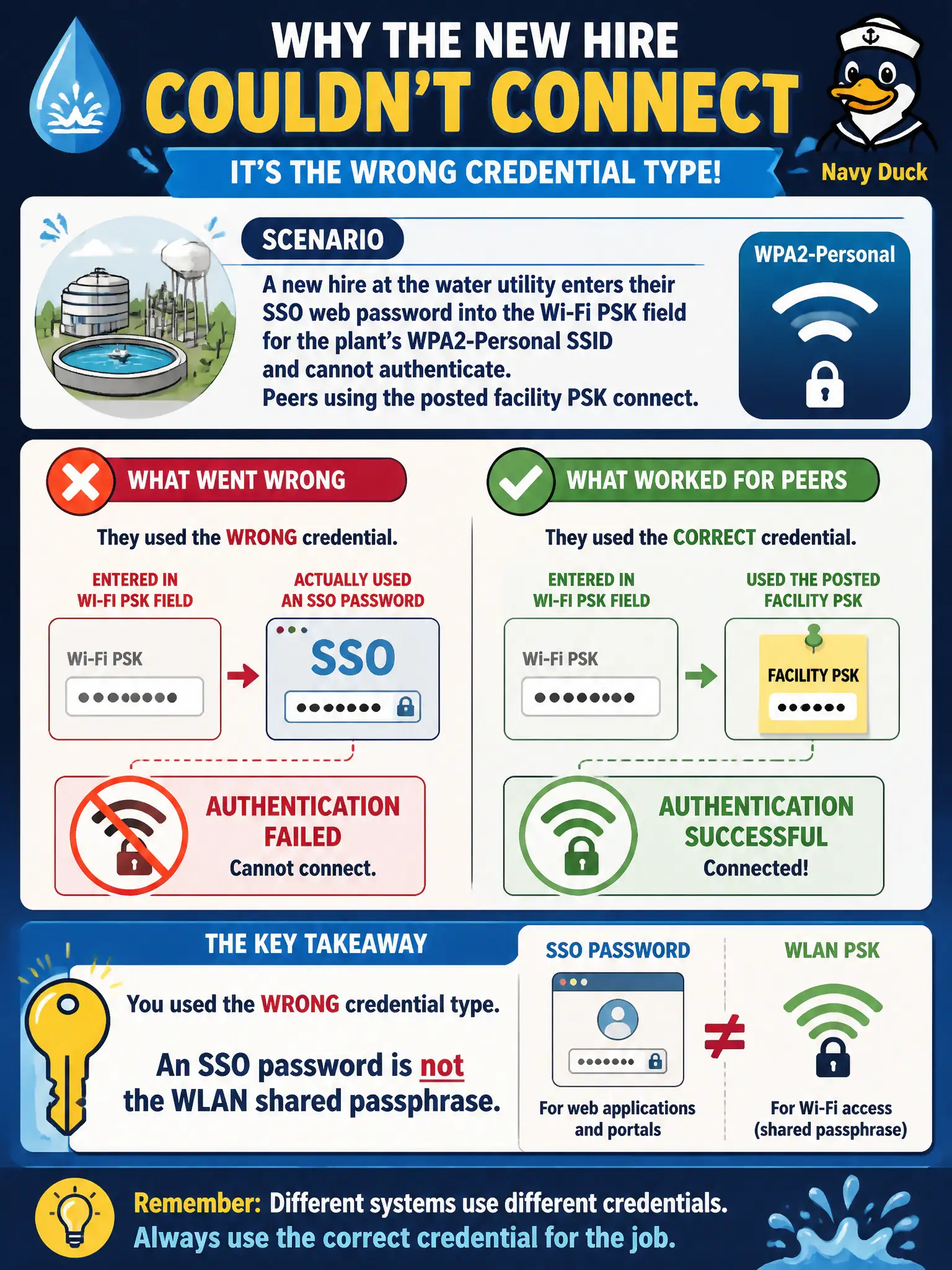 To Create an exciting colorful infographic that explains the concepts in the question: Question: A new hire at the water utility enters their SSO web password into the Wi-Fi PSK field for the plant’s WPA2-Personal SSID and cannot authenticate. Peers using the posted facility PSK connect. What is wrong? Correct Answer: The user entered the wrong credential type—an SSO password is not the WLAN shared passphrase. Put EVERY visible label in double quotes. No people. No A/B/C/D letters. In one of the four corners put a little "Navy Duck".
