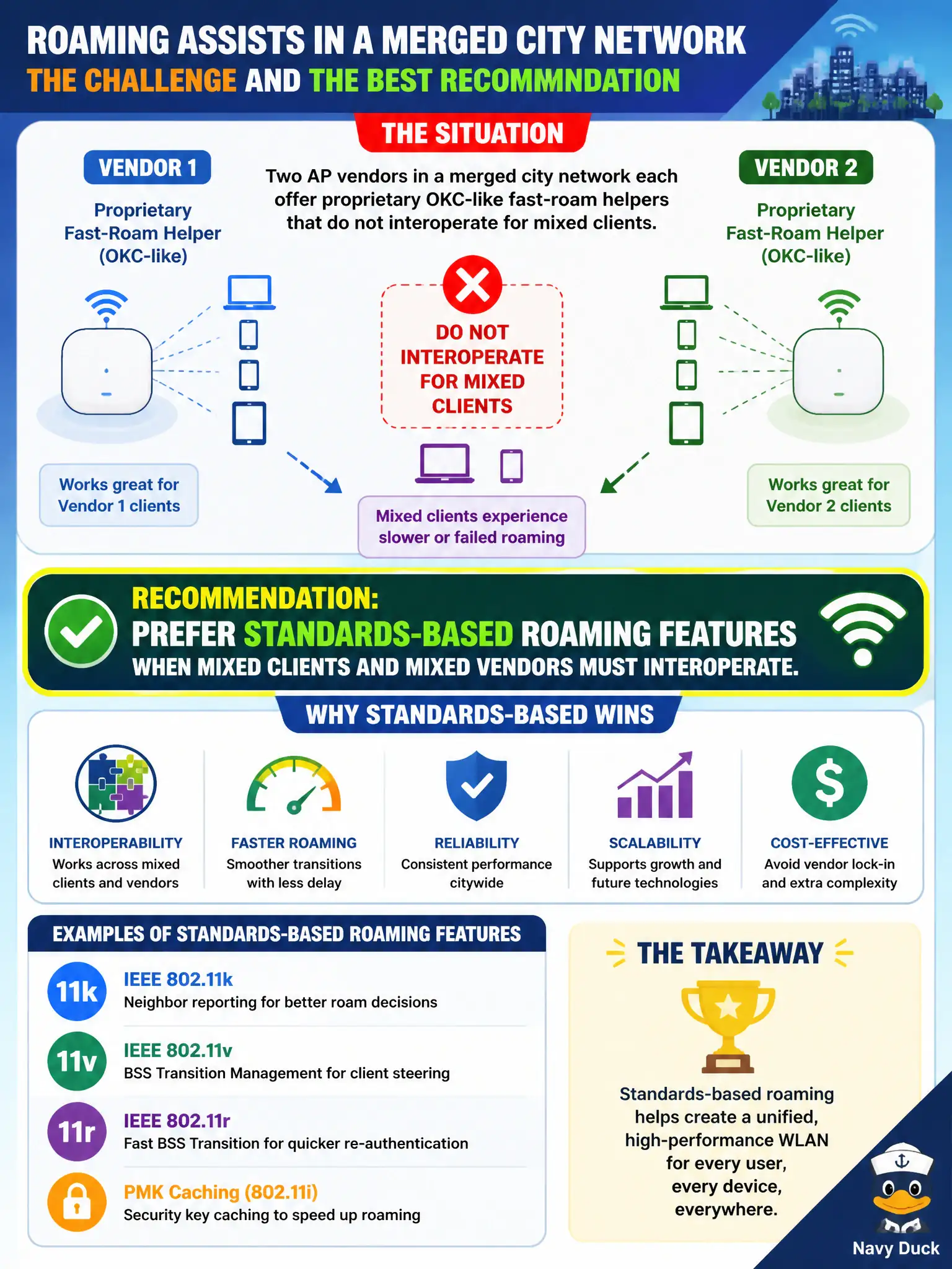 To Create an exciting colorful infographic that explains the concepts in the question: Question: Two AP vendors in a merged city network each offer proprietary OKC-like fast-roam helpers that do not interoperate for mixed clients. What should the WLAN technician recommend for roaming assists? Correct Answer: Prefer standards-based roaming features when mixed clients and mixed vendors must interoperate. Put EVERY visible label in double quotes. No people. No A/B/C/D letters. In one of the four corners put a little "Navy Duck".