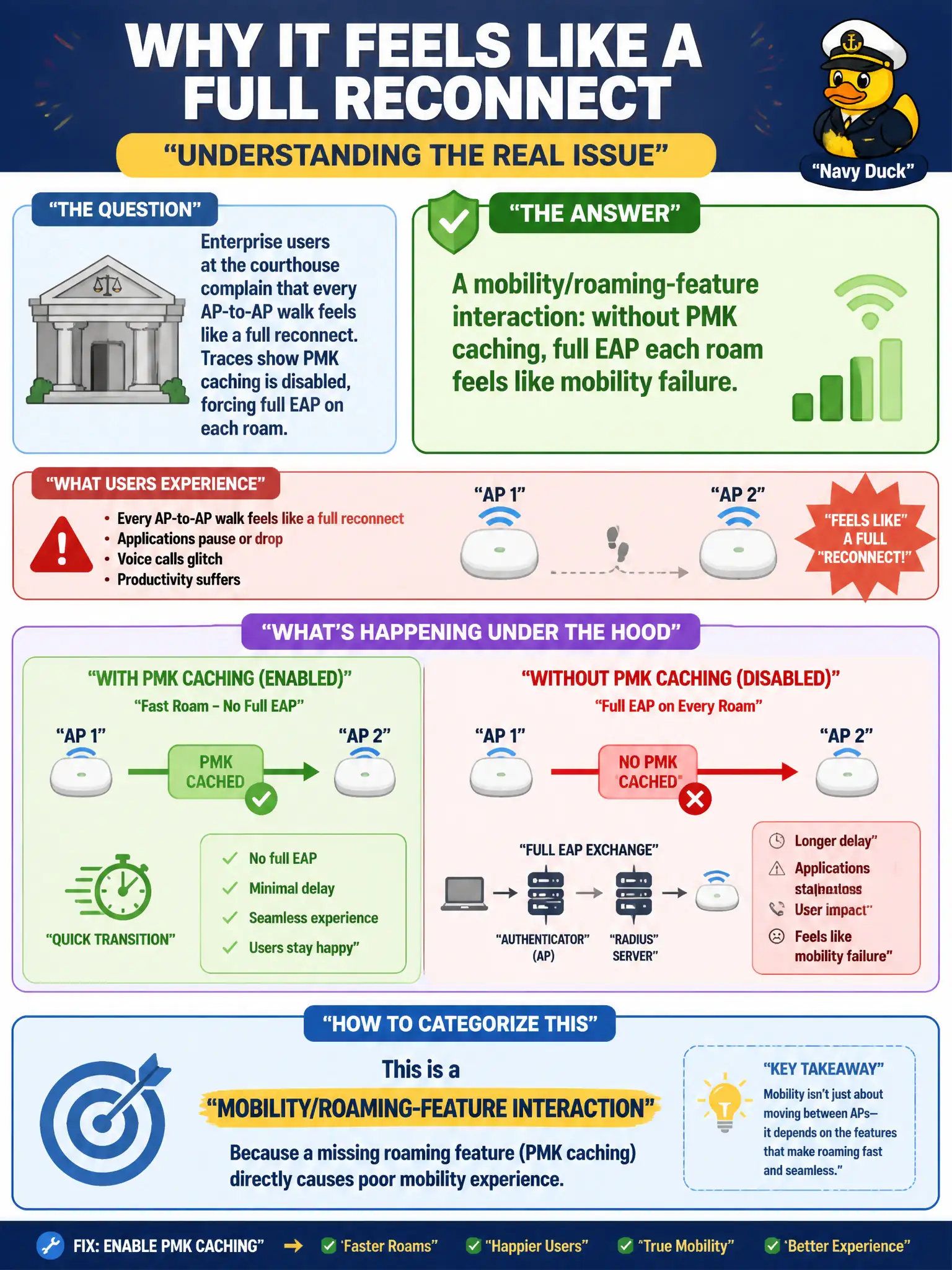 To Create an exciting colorful infographic that explains the concepts in the question: Question: Enterprise users at the courthouse complain that every AP-to-AP walk feels like a full reconnect. Traces show PMK caching is disabled, forcing full EAP on each roam. How should this be categorized? Correct Answer: A mobility/roaming-feature interaction: without PMK caching, full EAP each roam feels like mobility failure. Put EVERY visible label in double quotes. No people. No A/B/C/D letters. In one of the four corners put a little "Navy Duck".