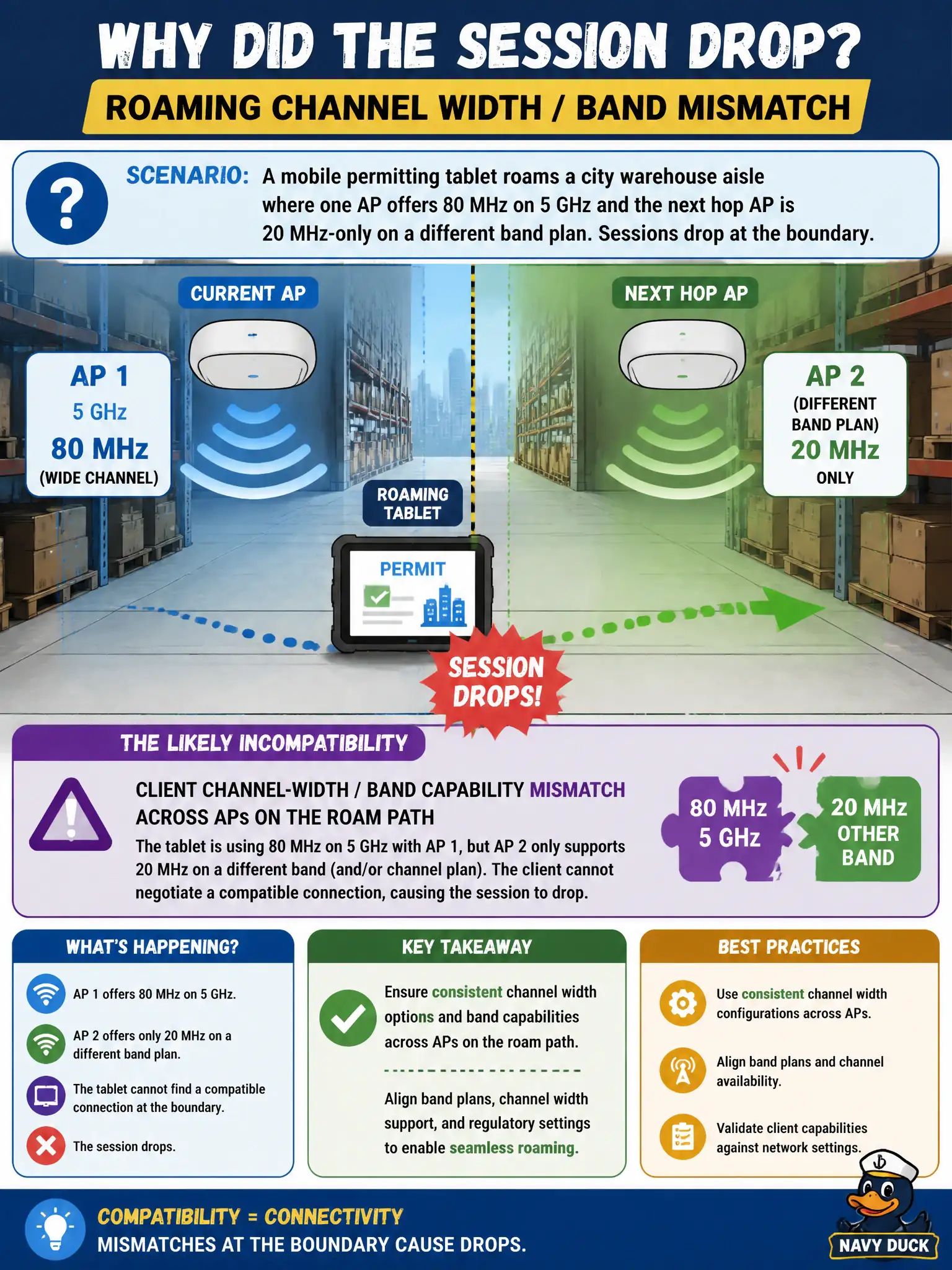 To Create an exciting colorful infographic that explains the concepts in the question: Question: A mobile permitting tablet roams a city warehouse aisle where one AP offers 80 MHz on 5 GHz and the next hop AP is 20 MHz-only on a different band plan. Sessions drop at the boundary. What incompatibility is likely? Correct Answer: Client channel-width/band capability mismatch across APs on the roam path can cause drops. Put EVERY visible label in double quotes. No people. No A/B/C/D letters. In one of the four corners put a little "Navy Duck".