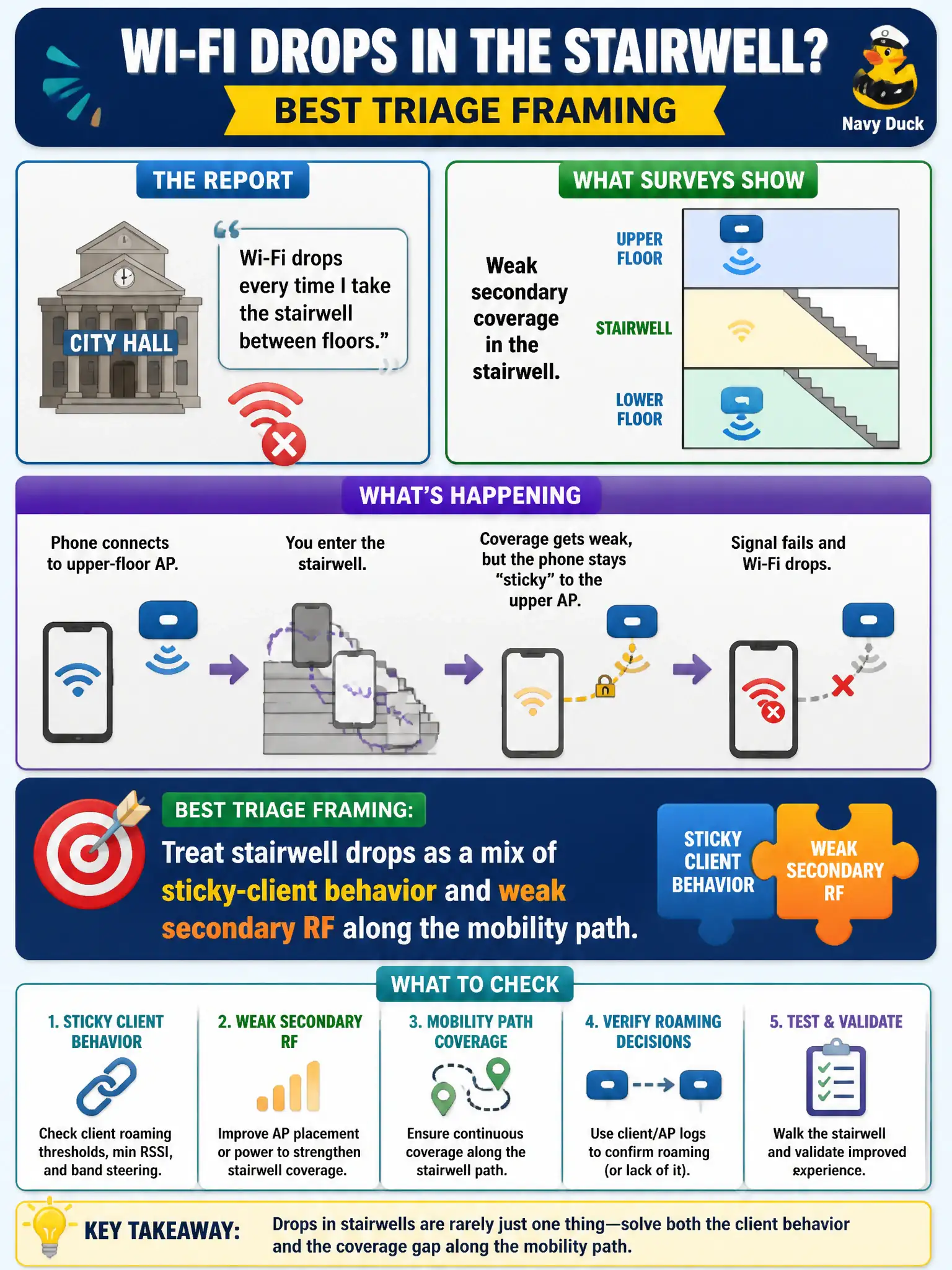 To Create an exciting colorful infographic that explains the concepts in the question: Question: A city-hall employee says Wi-Fi drops every time they take the stairwell between floors. Surveys show weak secondary coverage in the stairwell and the phone often stays stuck on the upper-floor AP until it fails. What triage framing is best? Correct Answer: Treat stairwell drops as a mix of sticky-client behavior and weak secondary RF along the mobility path. Put EVERY visible label in double quotes. No people. No A/B/C/D letters. In one of the four corners put a little "Navy Duck".