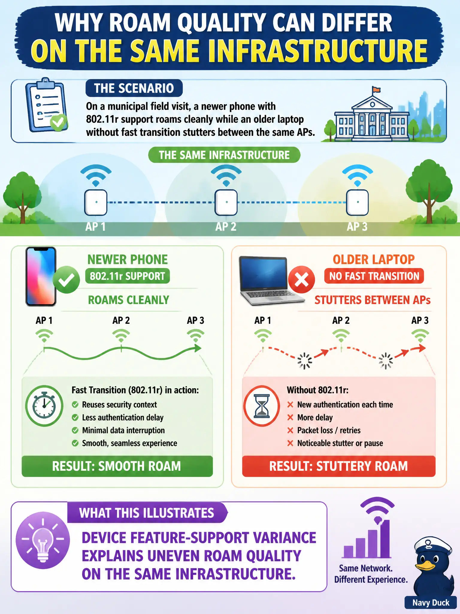 To Create an exciting colorful infographic that explains the concepts in the question: Question: On a municipal field visit, a newer phone with 802.11r support roams cleanly while an older laptop without fast transition stutters between the same APs. What does this illustrate? Correct Answer: Device feature-support variance explains uneven roam quality on the same infrastructure. Put EVERY visible label in double quotes. No people. No A/B/C/D letters. In one of the four corners put a little "Navy Duck".