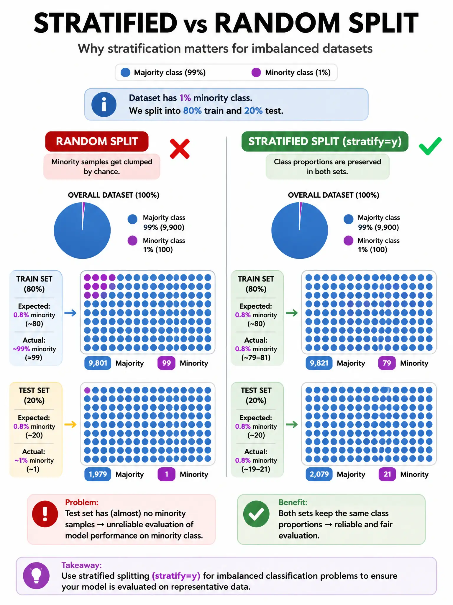 Infographic 1024x768 showing stratified vs random split: two side-by-side diagrams. Left 'Random split' showing 1% minority class clumped mostly in train, test set nearly empty of minority class (bad). Right 'Stratified split (stratify=y)' showing proportional minority class in both train and test sets (good). Class proportions shown as pie charts above each split. Green checkmark vs red X.