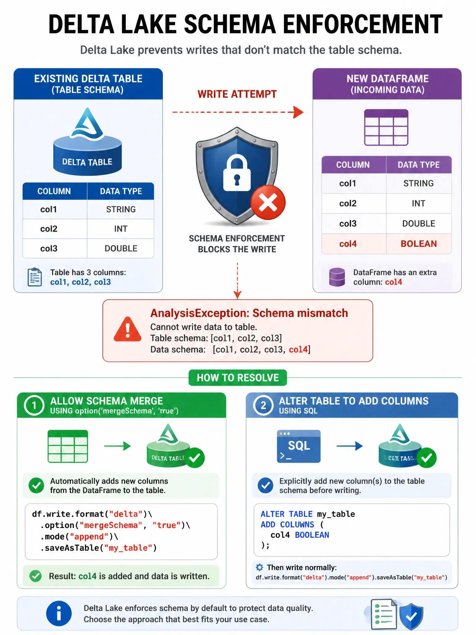 Infographic 1024x768 showing Delta Lake schema enforcement: existing table schema (col1, col2, col3 columns listed). New DataFrame with extra column (col1, col2, col3, col4) trying to write. Shield icon on Delta table blocking write with 'AnalysisException: Schema mismatch' error message. Bottom showing two solutions: option('mergeSchema', 'true') with green checkmark, and ALTER TABLE ADD COLUMNS SQL command.