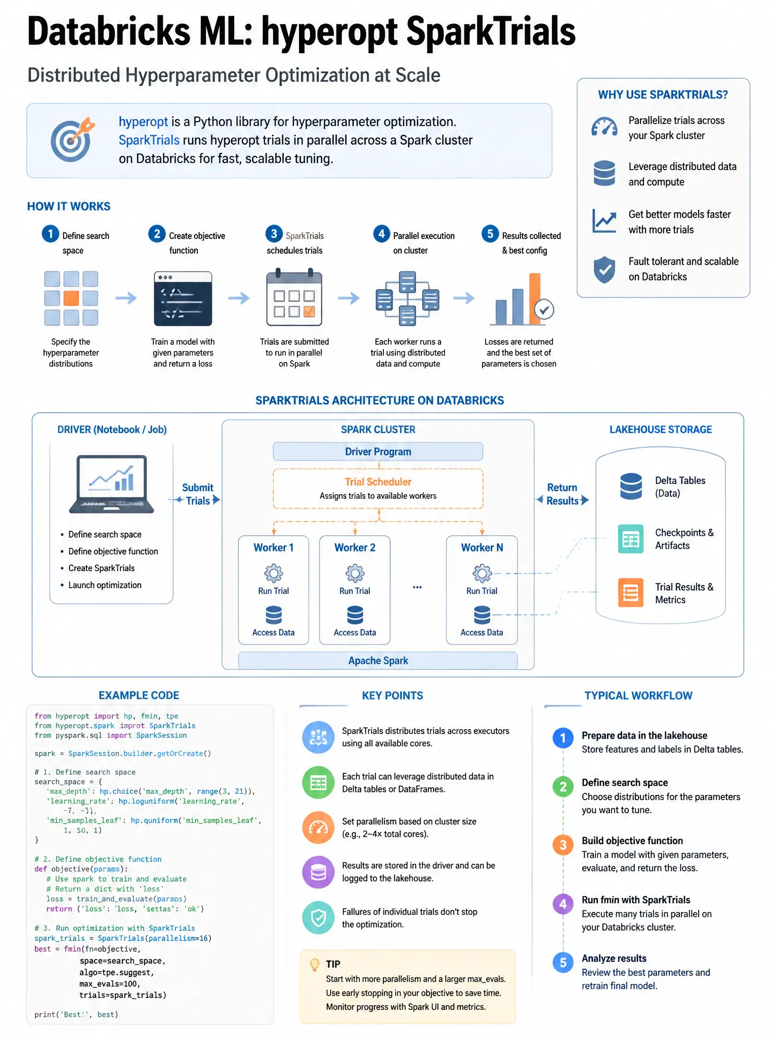Educational infographic 1024x768 for Databricks ML: hyperopt SparkTrials. Clean lakehouse blue/orange diagram style, DBML q108.