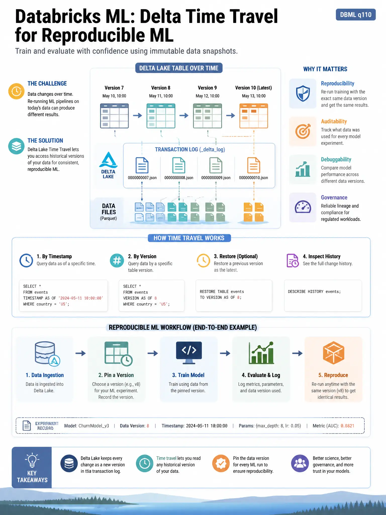 Educational infographic 1024x768 for Databricks ML: Delta time travel reproducibility. Clean lakehouse blue/orange diagram style, DBML q110.