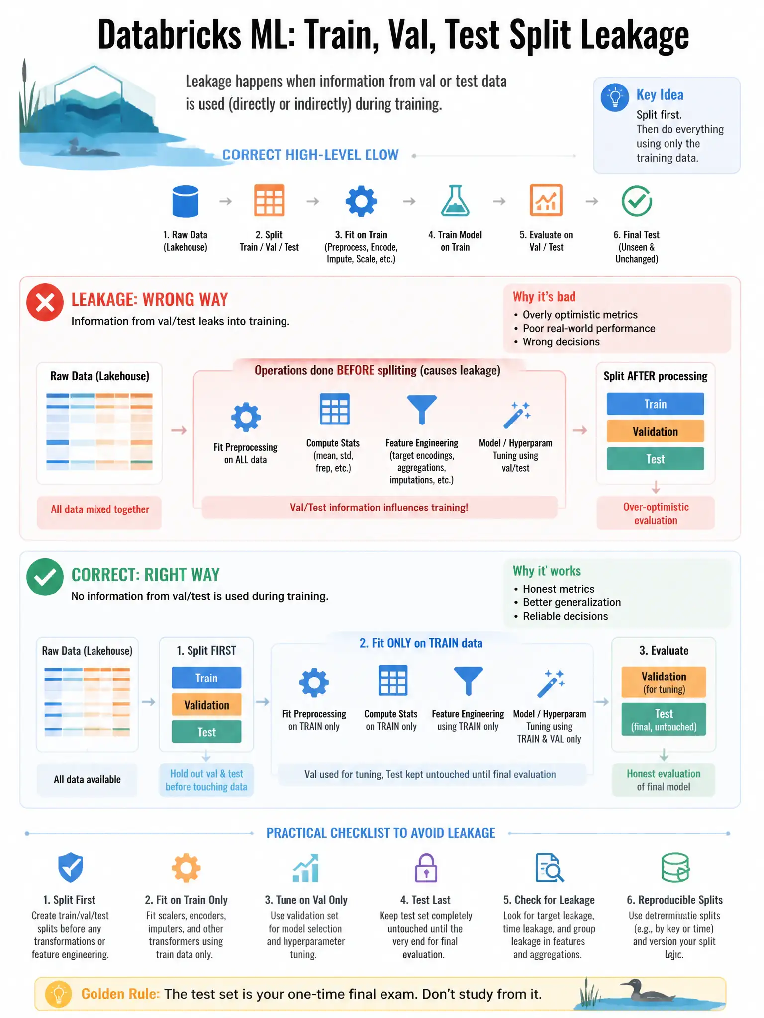 Educational infographic 1024x768 for Databricks ML: train val test split leakage. Clean lakehouse blue/orange diagram style, DBML q130.