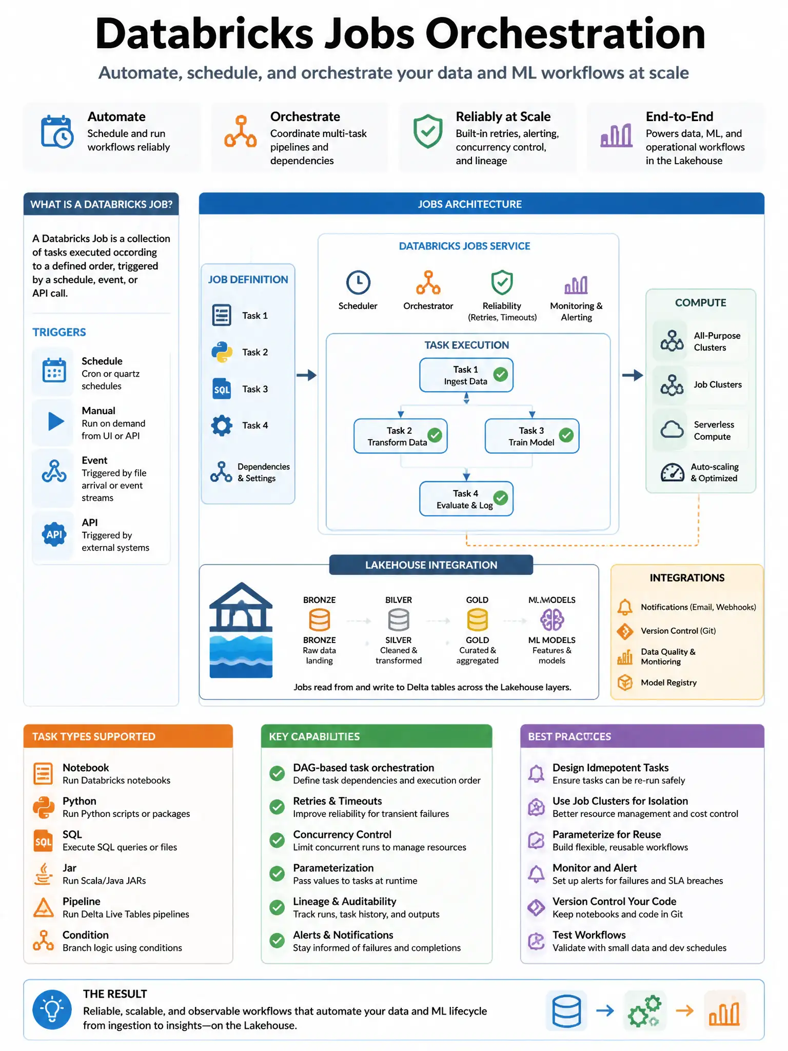 Educational infographic 1024x768 for Databricks ML: databricks jobs orchestration. Clean lakehouse blue/orange diagram style, DBML q141.