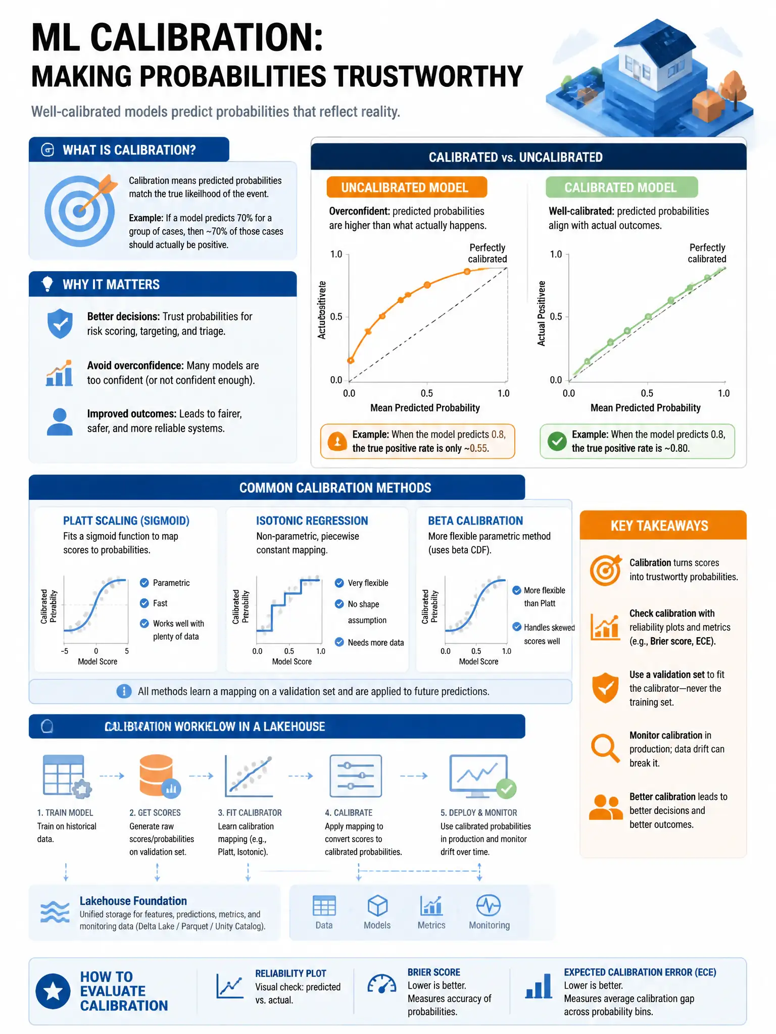 Educational infographic 1024x768 for Databricks ML: calibration probabilities. Clean lakehouse blue/orange diagram style, DBML q179.