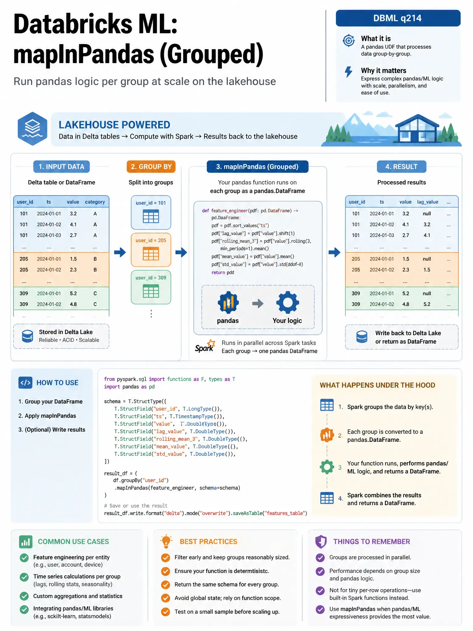 Educational infographic 1024x768 for Databricks ML: map in pandas grouped. Clean lakehouse blue/orange diagram style, DBML q214.