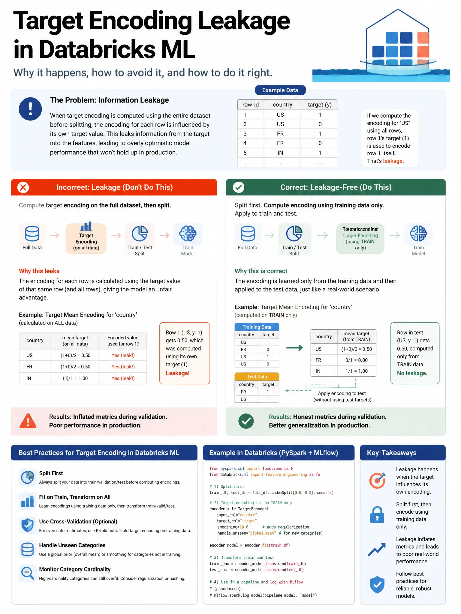 Educational infographic 1024x768 for Databricks ML: target encoding leakage. Clean lakehouse blue/orange diagram style, DBML q222.