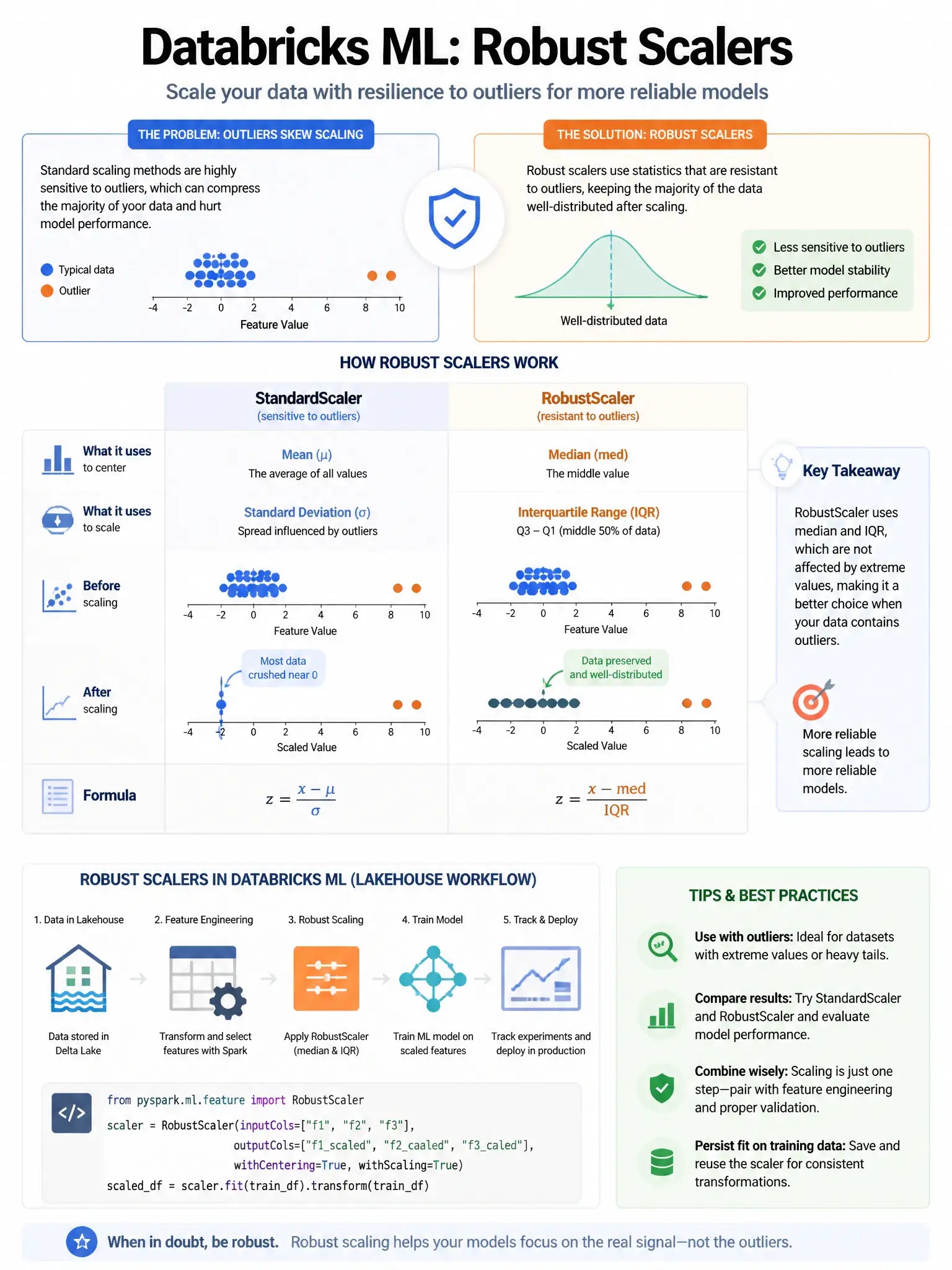 Educational infographic 1024x768 for Databricks ML: robust scalers. Clean lakehouse blue/orange diagram style, DBML q273.